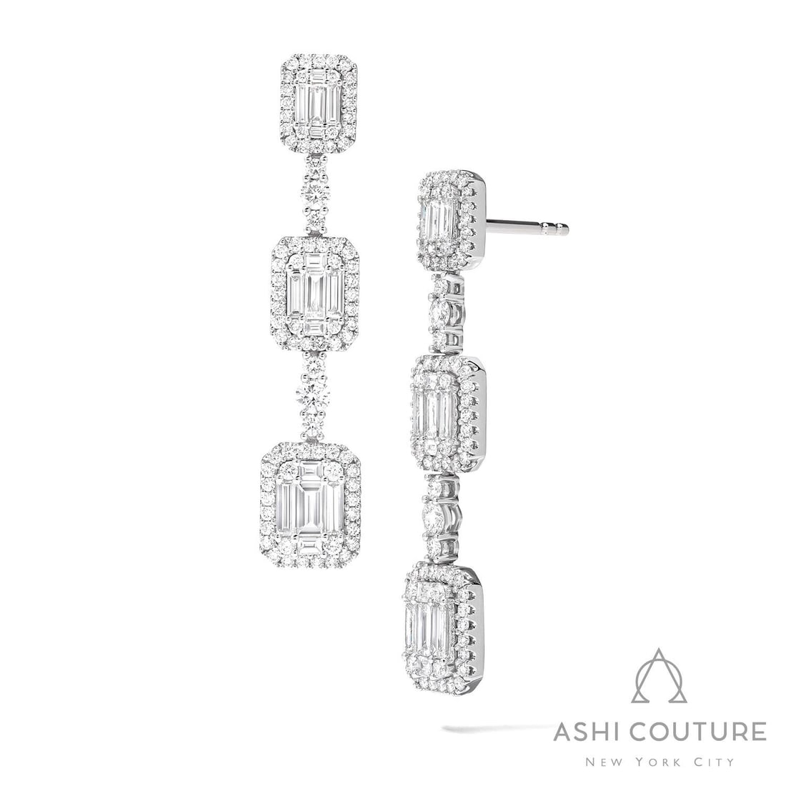 2.95 ctw Baguette & Round Diamond 18K White Gold Earrings: Captured in a moment of brilliance, this breathtaking Graduating Station pair of earrings featuring White Diamond speaks to the connoisseur. Securely held in a classic Halo design, the earrings are fo