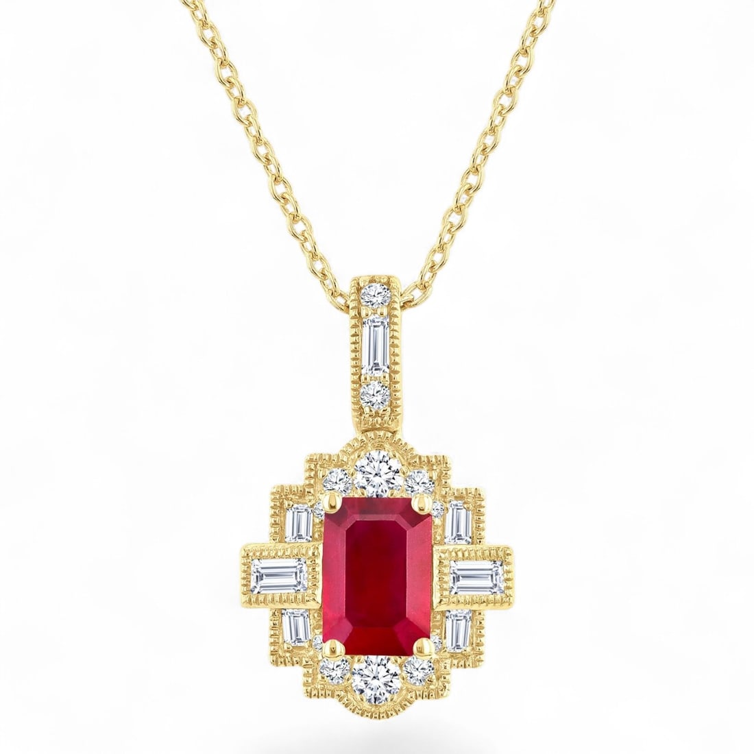 6x4 MM Ruby and 0.26 Ctw Precious Pendant White Diamond Art Deco 14K Yellow Gold Necklace -: A testament to superior craftsmanship, this magnificent Art Deco-inspired precious pendant necklace featuring Natural Diamonds and Rubies is unparalleled. Crafted with precision, the Cluster setting i