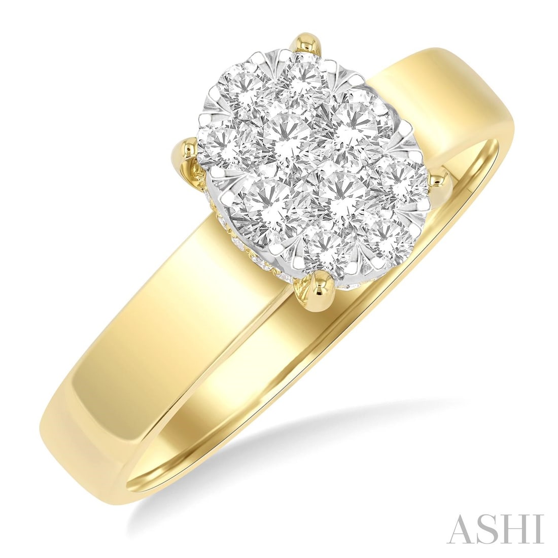 0.55 ctw White Diamond Cluster 14K Yellow & White Gold Ring: Epitomizing grandeur, this magnificent Bold Shank Oval Shaped Cluster ring featuring White Diamond stands as a beacon of refined taste. Crafted with precision, the Cluster setting is seamlessly integr