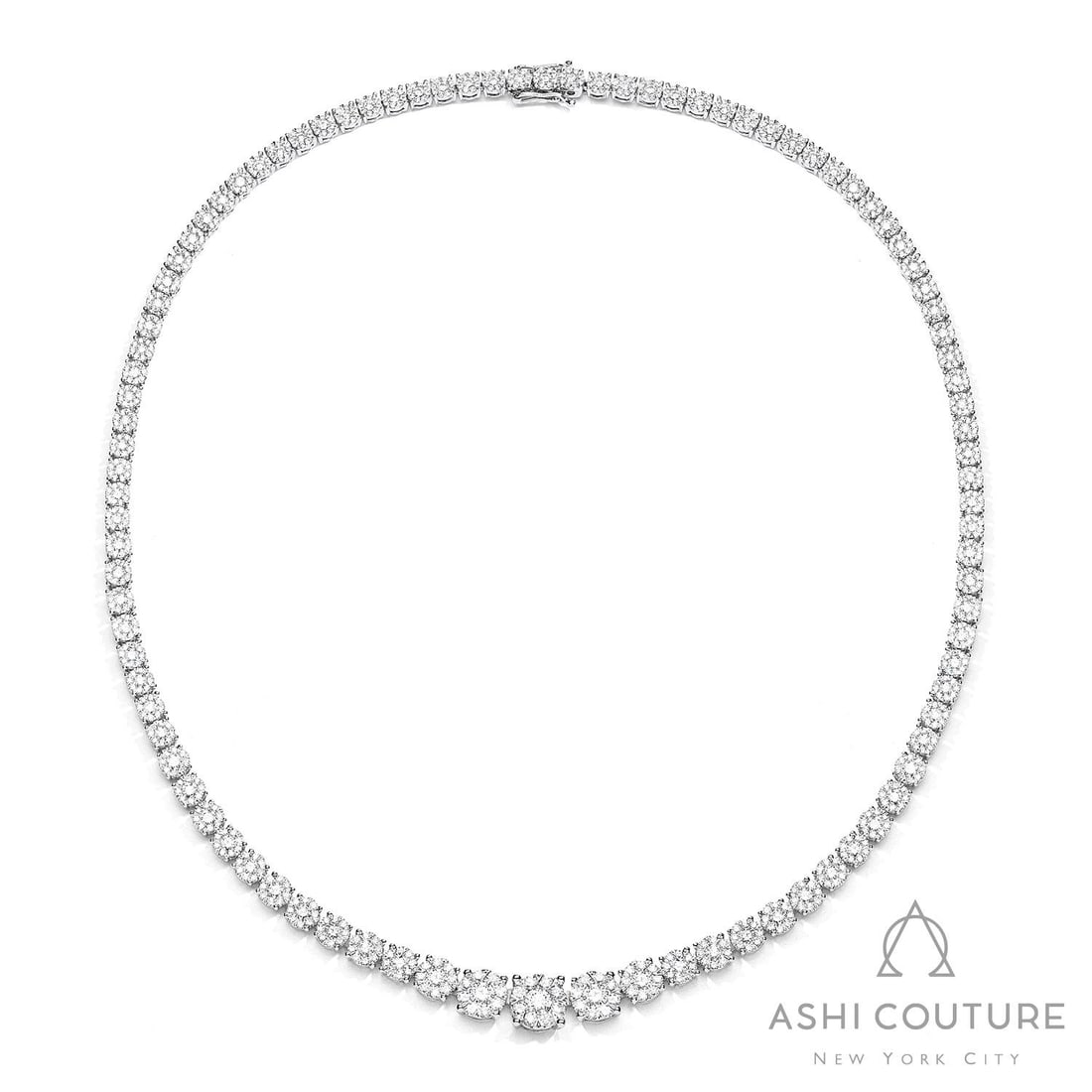 9.95 ctw White Diamond Riviera Cluster 18K White Gold Necklace: Rare and radiant, this stunning Fiori Eternity Riviera Cluster necklace featuring White Diamond offers a touch of the extraordinary. Showcasing the gems in a Riviera/Tennis with Graduated Cluster arra