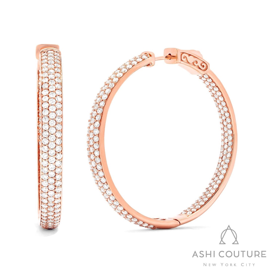 Duchess 3.3 ctw Diamond Hoop 18K Rose Gold Earrings: Exuding opulence and grace, this elegant 3-Row Hoop pair of earrings featuring White Diamond is crafted for the distinguished. Showcasing the gems in a Micro-Pave arrangement, the earrings consists of