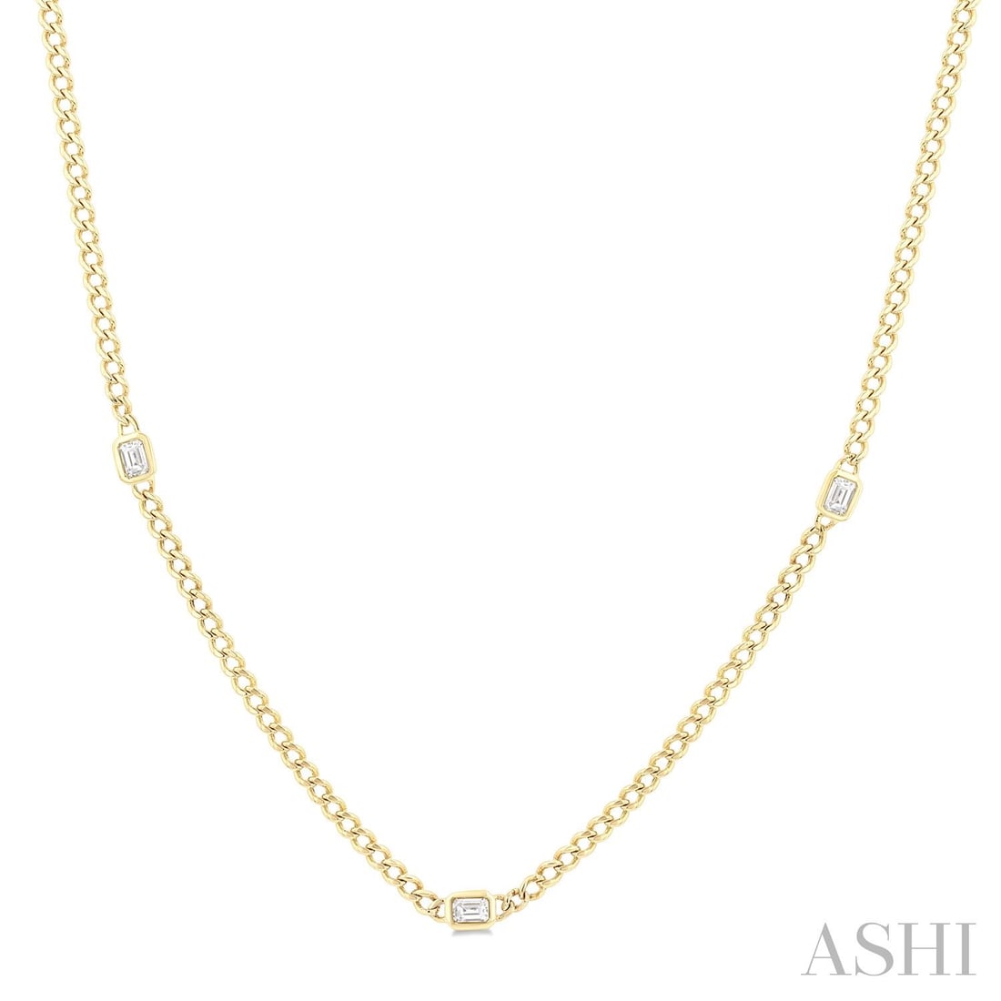 0.50 ctw Emerald Cut Diamond Station Curb Link 14K Yellow Gold Necklace: Epitomizing grandeur, this magnificent Curb Link Station necklace featuring White Diamond stands as a beacon of refined taste. Crafted with precision, the Bezel setting is seamlessly integrated into 1