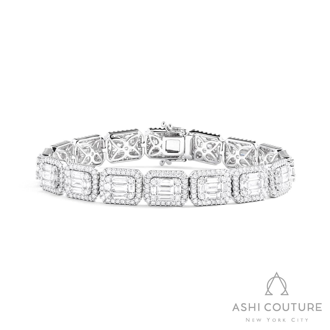 9.05 ctw Baguette and Round Diamond 18K White Gold Tennis Bracelet: Epitomizing grandeur, this breathtaking Empress Baguette bracelet featuring White Diamond stands as a beacon of refined taste. A detailed Halo gallery secures the stones, rendered in 25.25 grams of lu