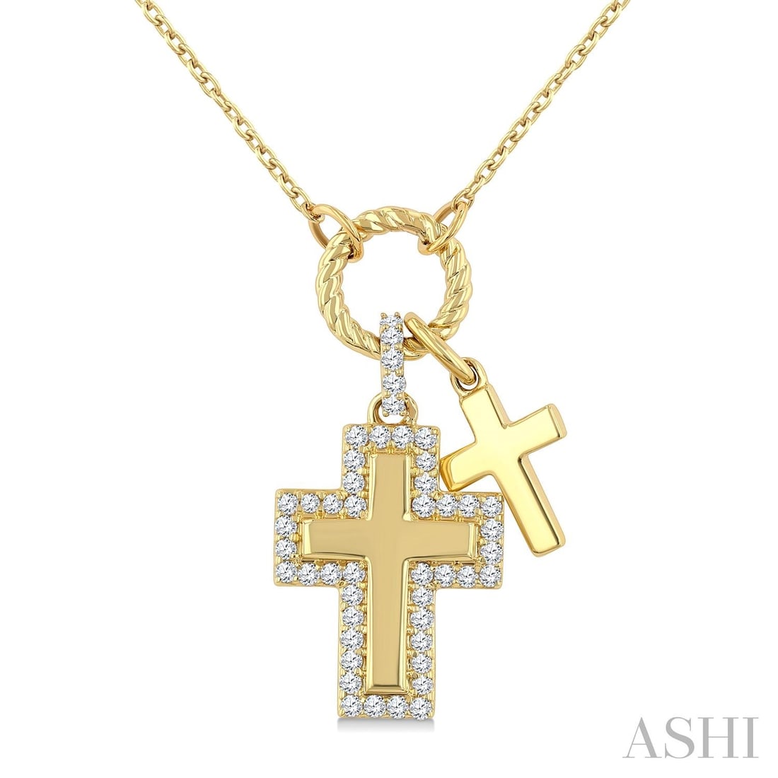 0.19 ctw White Diamond Cross 10K Yellow Gold Pendant Necklace: Rare and radiant, this elegant Cross necklace featuring White Diamond offers a touch of the extraordinary. Showcasing the gems in a Halo arrangement, the necklace consists of 2.05 grams of 10K Yellow 