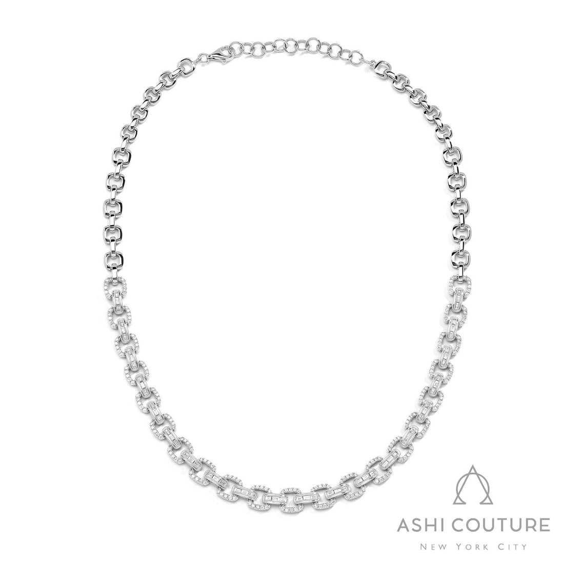 4.08 ctw Baguette Diamond Linq Link 18K White Gold Necklace: Epitomizing grandeur, this magnificent Linq Baguette Link necklace featuring White Diamond stands as a beacon of refined taste. Crafted with precision, the Channel and Pave setting is seamlessly integ
