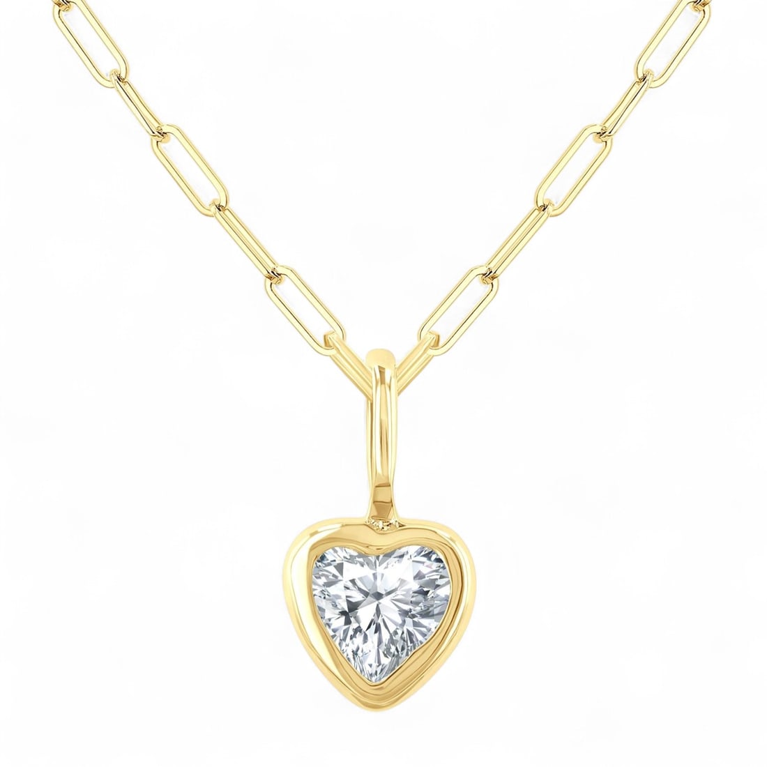 0.21 Ctw Heart Shape Bezel Set Paperclip Chain White Diamond Modern 14K Yellow Gold Necklace -: A symphony of light and color, this stunning Heart Shape Bezel Set Diamond Fashion Pendant necklace featuring Natural Diamonds embodies the pinnacle of luxury. Securely held in a classic Bezel design,