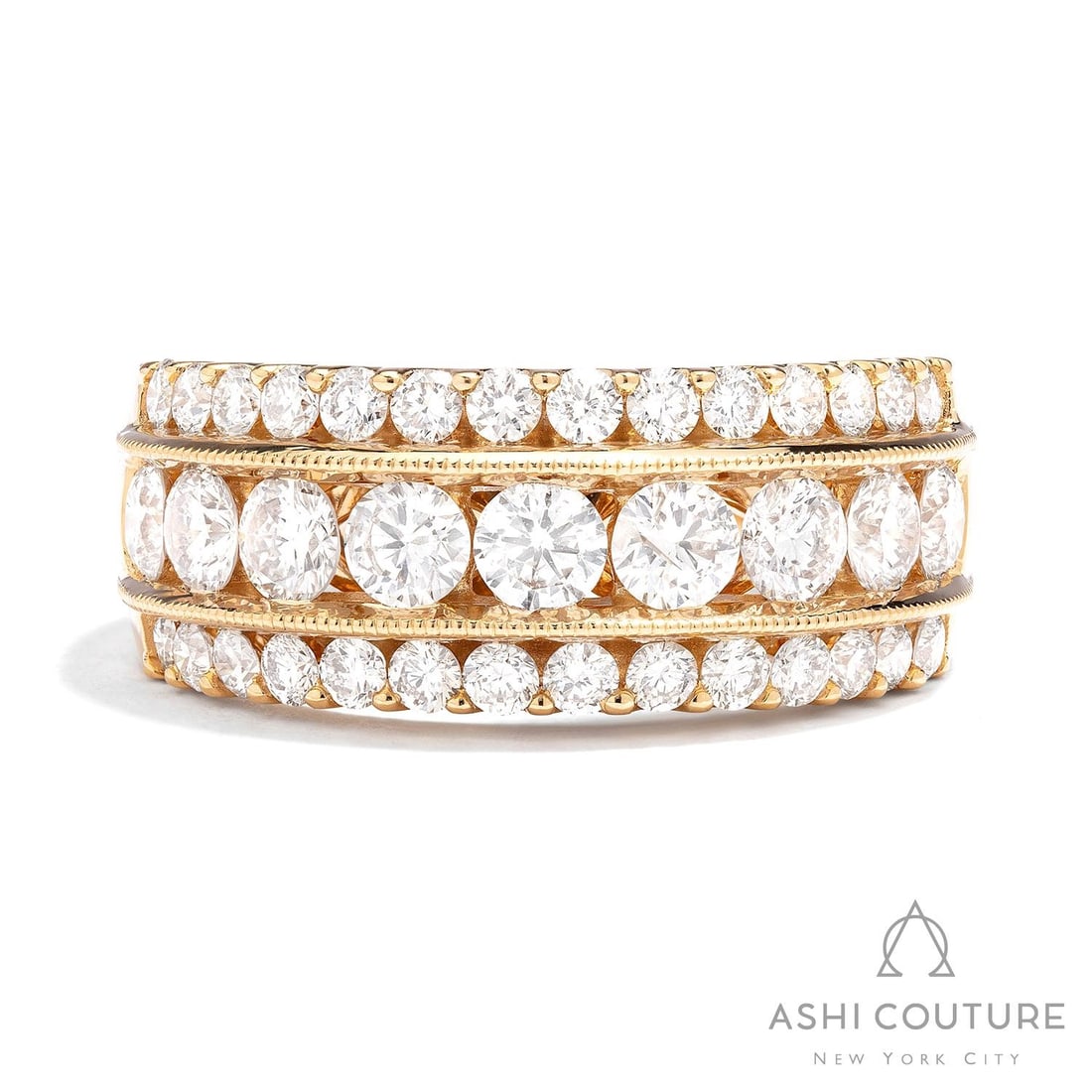 Duchess Classic 1.89 ctw Diamond 3-Row 18K Yellow Gold Band Ring: Defining modern elegance, this magnificent 3-Row ring featuring White Diamond captures the essence of style. Expertly mounted in a Multi-Row Band setting, the ring is crafted in 8.25 grams of solid 18