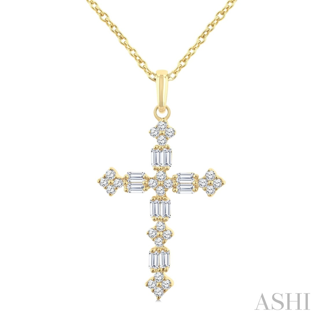 0.31 ctw Baguette & Round Diamond Floral Cross 14K Yellow Gold Pendant: An exquisite masterpiece of haute joaillerie, this breathtaking Floral Cross pendant featuring White Diamond is a true treasure. Crafted with precision, the Cluster setting is seamlessly integrated in