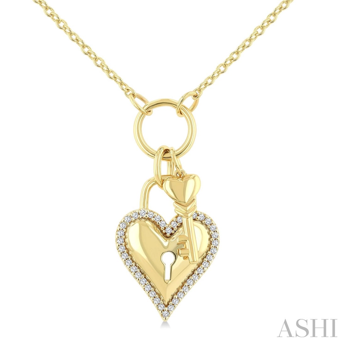 0.16 ctw White Diamond Heart Lock & Key Charm 10K Yellow Gold Pendant: A symphony of light and color, this elegant Heart Lock & Key Charm pendant featuring Natural Diamonds embodies the pinnacle of luxury. The gemstones are nestled within an Accent Border framework, supp