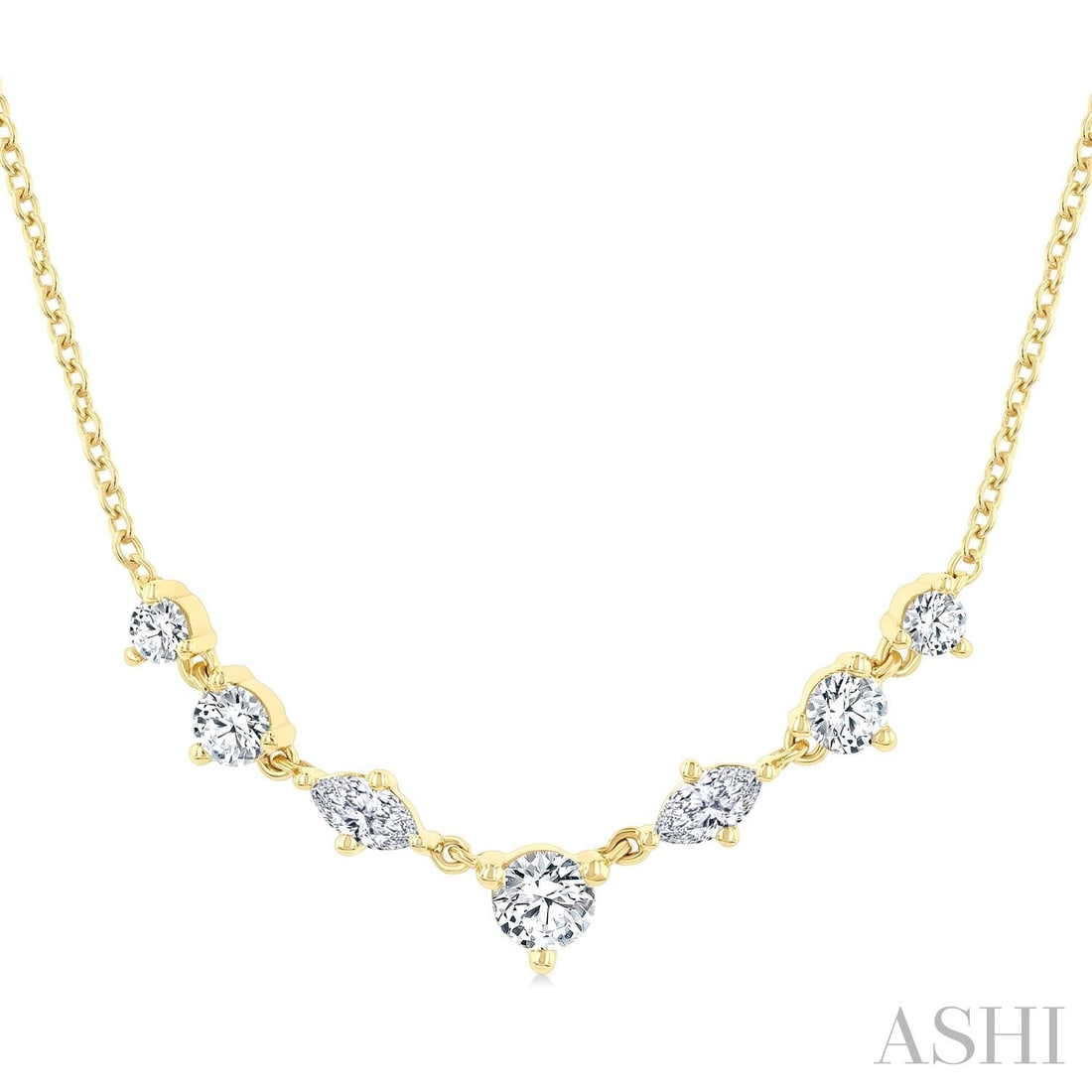 0.51 ctw Marquise & Round Cut Diamond 14K Yellow Gold Pendant Necklace: A testament to superior craftsmanship, this stunning Marquise & Round Cut pendant necklace featuring White Diamond is unparalleled. Showcasing the gems in a Bar/Fixed Pendant arrangement, the pendant 