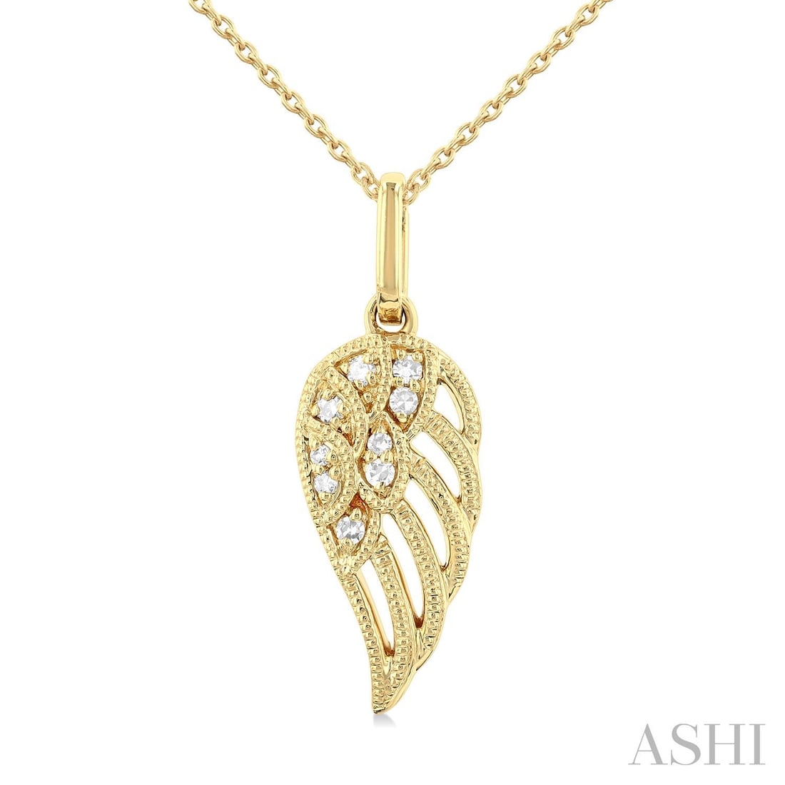 0.05 ctw White Diamond Angel Wing 10K Yellow Gold Pendant: A vision of luxury, this elegant Angel Wing pendant featuring White Diamond defines sophistication. Securely held in a classic Cluster design, the pendant is forged from 1.1 grams of high-polish 10K Y