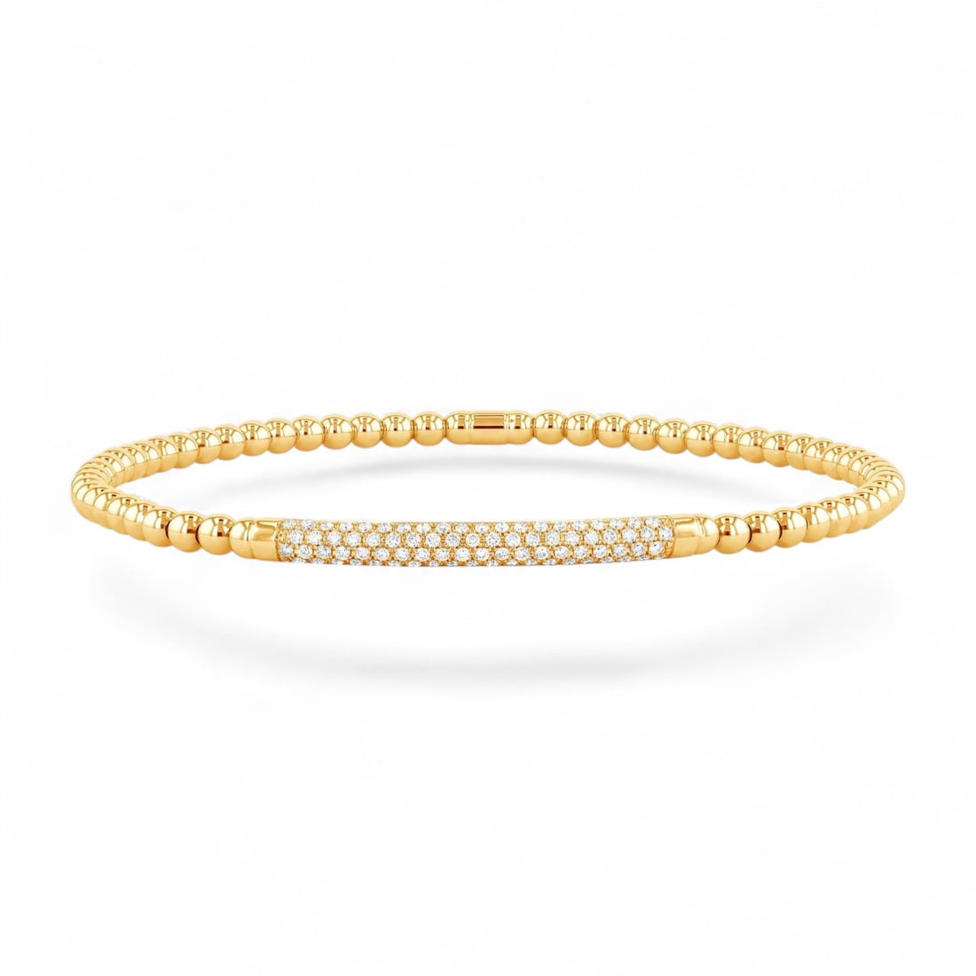 0.56 Ctw Sereno Gold Bead Diamond Pave Bar Stretch White Modern 18K Yellow Bracelet - Certified: A symphony of light and color, this stunning Sereno Gold Bead With Diamond Pave Bar Stretch bracelet featuring Natural Diamonds embodies the pinnacle of luxury. Securely held in a classic Micro-Pave d