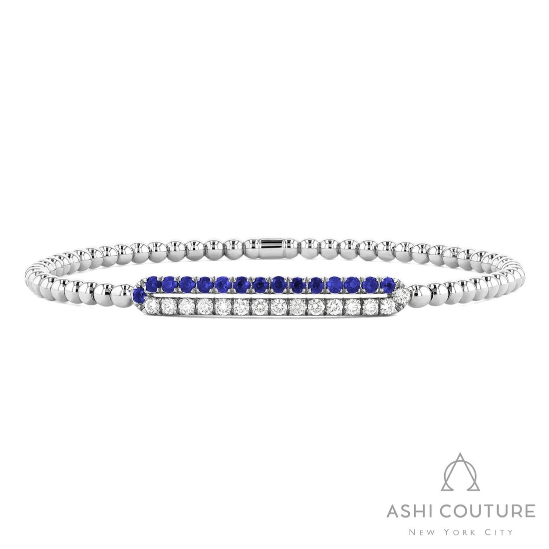 0.45 ctw Diamond & Blue Sapphire 18K White Gold Bracelet: A vision of luxury, this elegant Double Row Bar Stretch bracelet featuring Blue Sapphire, White Diamond defines sophistication. Expertly mounted in a Bar Setting setting, the bracelet is crafted in 6.