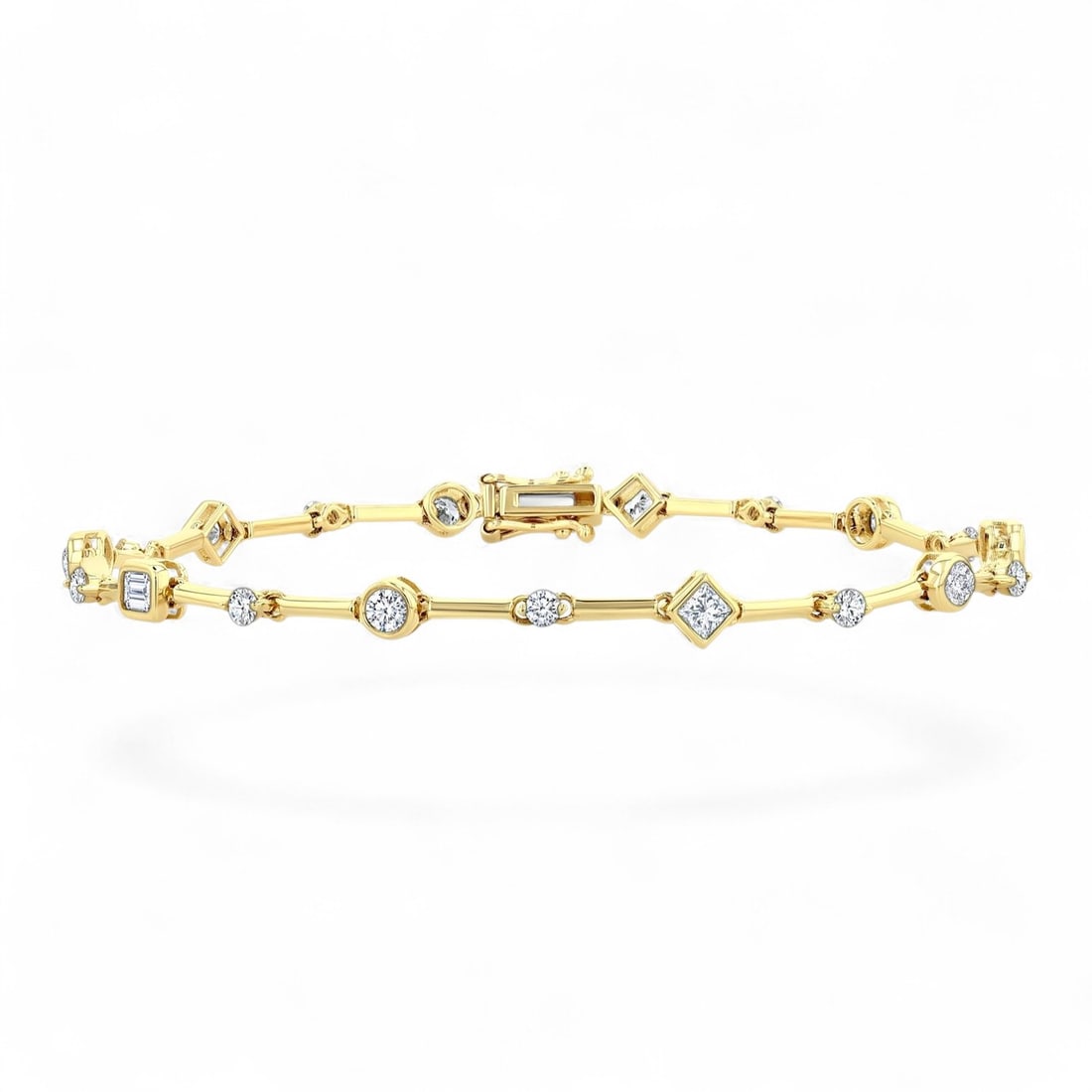 1.2 Ctw Mixed Cut Bar Link White Diamond Modern 14K Yellow Gold Bracelets - Certified: Defining modern elegance, this magnificent Bar Link bracelet featuring Natural Diamonds captures the essence of style. The gemstones are nestled within a Bar Link framework, supported by a substantial