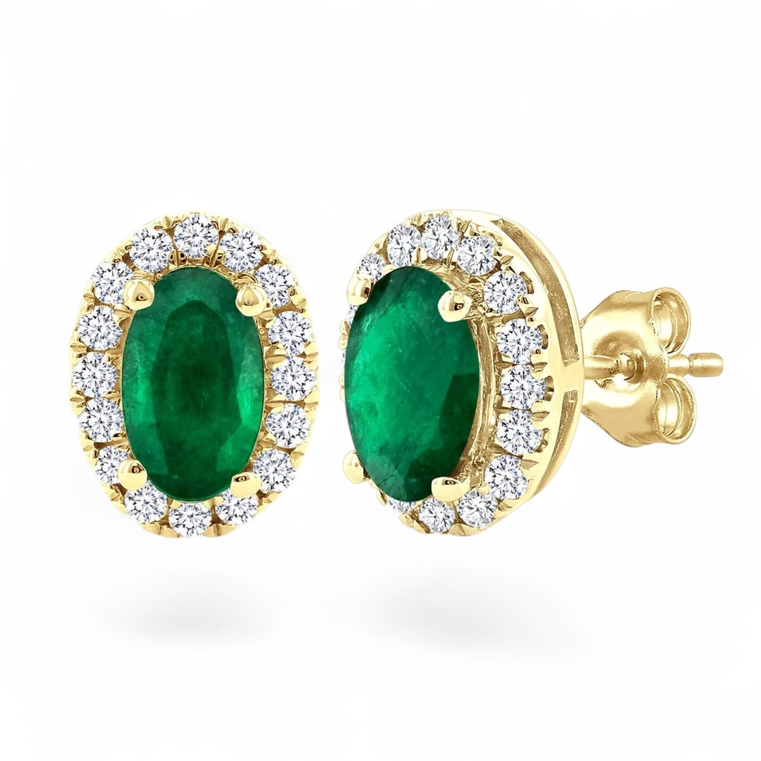 5x3 MM Emerald and 0.14 Ctw Halo Stud White Diamond Mid-Century Modern 10K Yellow Gold Earrings -: Exuding opulence and grace, this stunning Halo Stud pair of earrings featuring Natural Diamonds and Emeralds is crafted for the distinguished. Crafted with precision, the Halo setting is seamlessly in