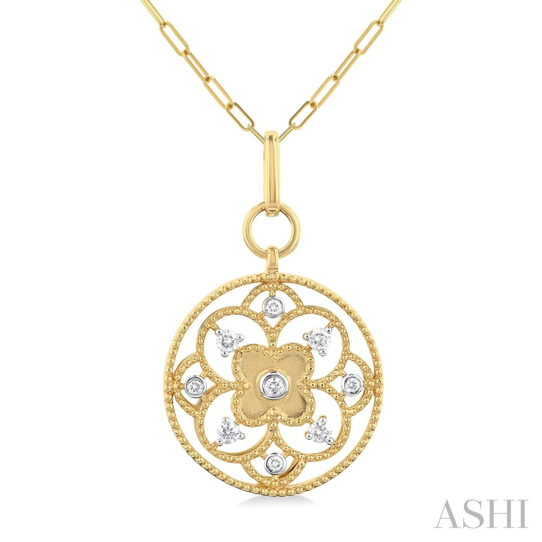 0.25 ctw White Diamond Circle Floral 14K Yellow Gold Pendant Necklace: Defining modern elegance, this elegant Circle Floral Carving pendant necklace featuring White Diamond captures the essence of style. Securely held in a classic Decorative Openwork design, the pendant 