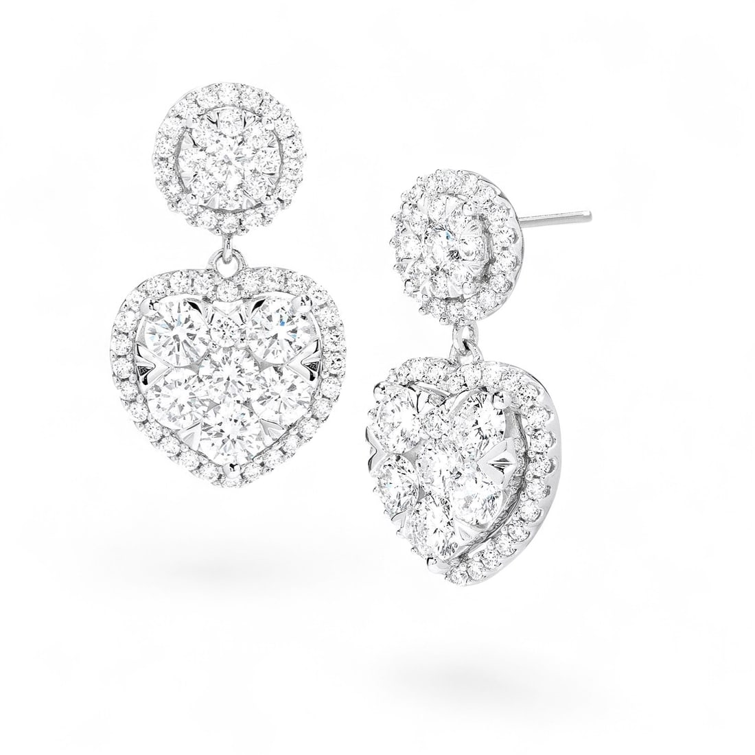 2.18 Ctw Heart Drop White Diamond Modern 18K White Gold Earrings - Certified: A vision of luxury, this stunning Heart Drop pair of earrings featuring Natural Diamonds defines sophistication. Expertly mounted in a Halo setting, the earrings is crafted in 4.3 grams of solid 18K W