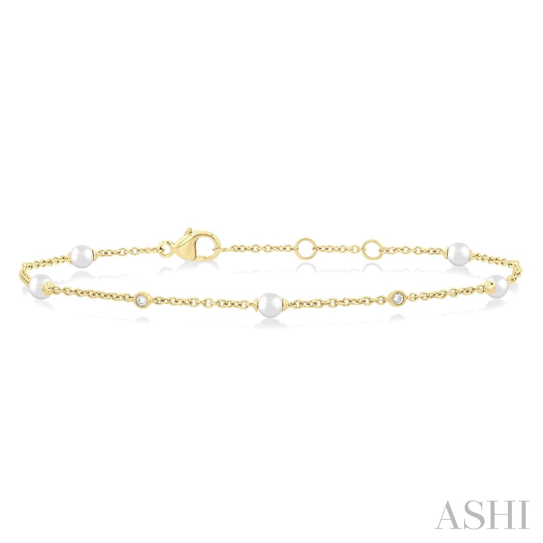 3mm Cultured Pearl and 0.07 ctw Diamond 14K Yellow Gold Bracelet: Epitomizing grandeur, this elegant Station bracelet featuring Cultured Pearl, White Diamond stands as a beacon of refined taste. Showcasing the gems in a Station arrangement, the bracelet consists of 