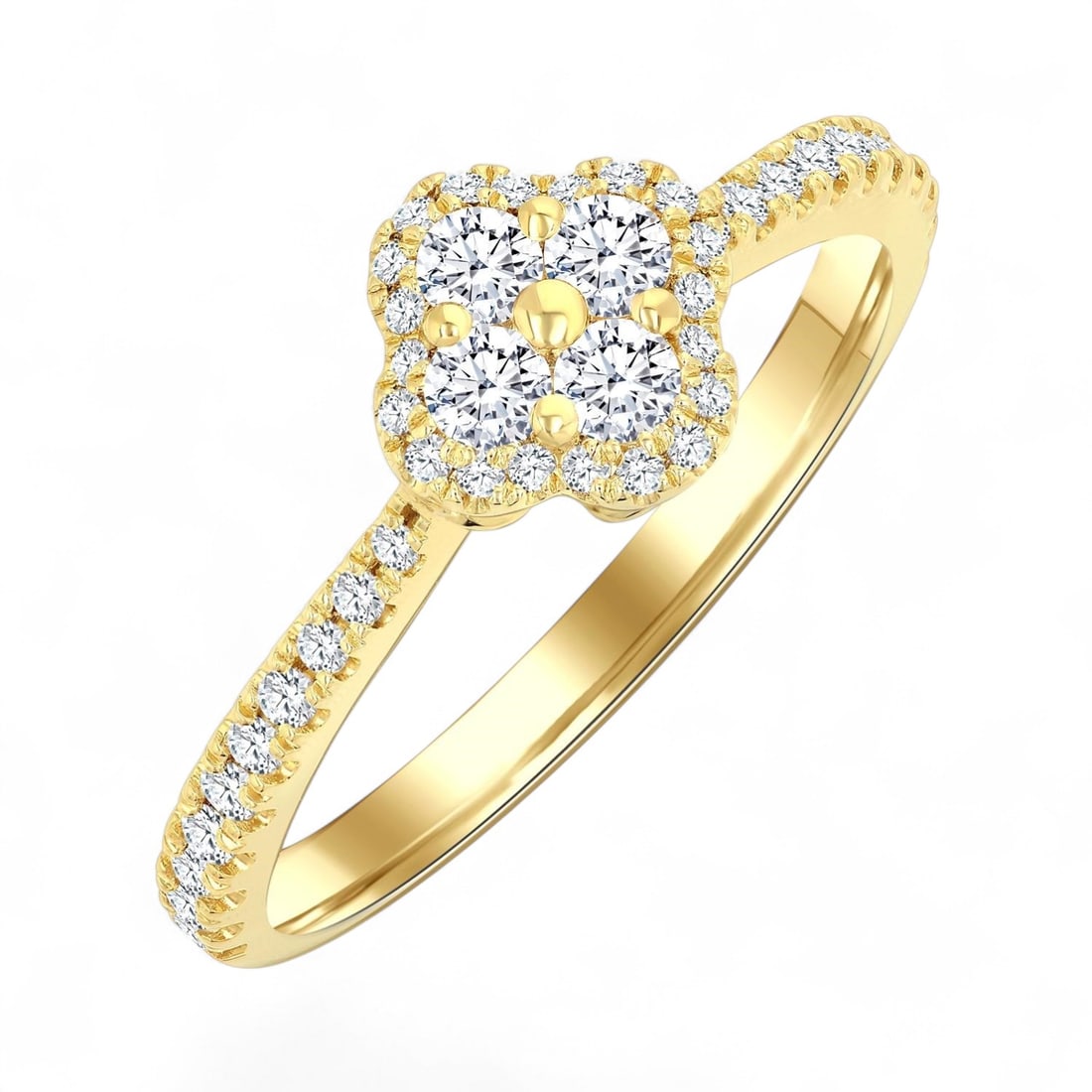 0.49 Ctw Clover Diamond Modern 14K Yellow Gold Ring - Certified: Defining modern elegance, this magnificent Clover ring featuring Natural Diamonds captures the essence of style. The gemstones are nestled within a Halo framework, supported by a substantial 3.45 gram