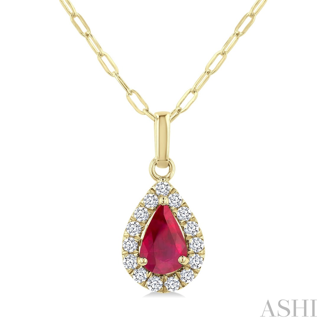 6x4mm Pear Ruby and 0.15 ctw White Diamond 14K Yellow Gold Pendant: Exuding opulence and grace, this elegant Halo pendant featuring Ruby, White Diamond is crafted for the distinguished. A detailed Halo gallery secures the stones, rendered in 0.5 grams of lustrous 14K 