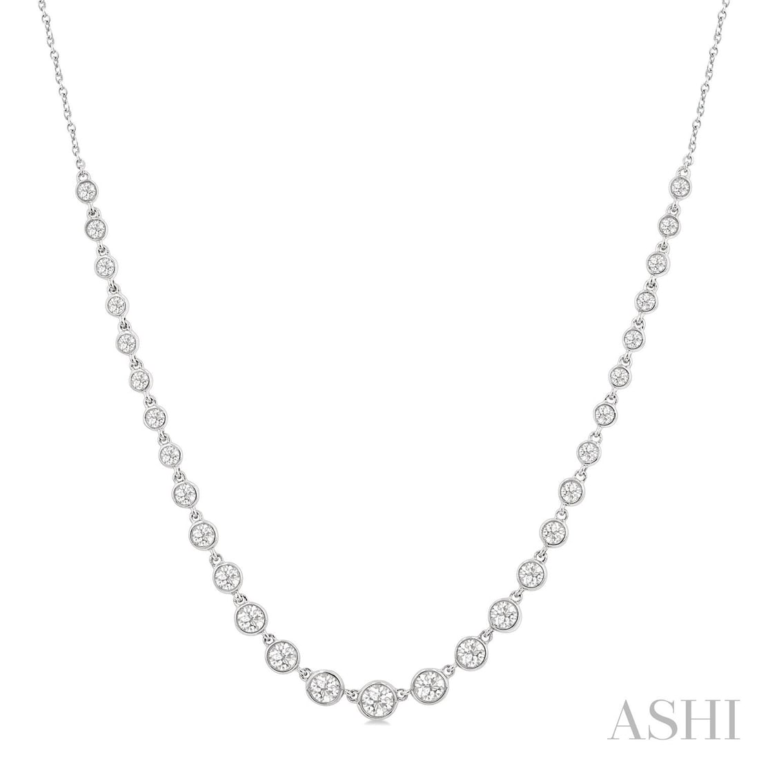 1.28 ctw Graduated Bezel Set Diamond Tennis Necklace 14K White Gold: A testament to superior craftsmanship, this stunning Bezel Set Tennis necklace featuring White Diamond is unparalleled. Crafted with precision, the Bezel Set Tennis setting is seamlessly integrated in