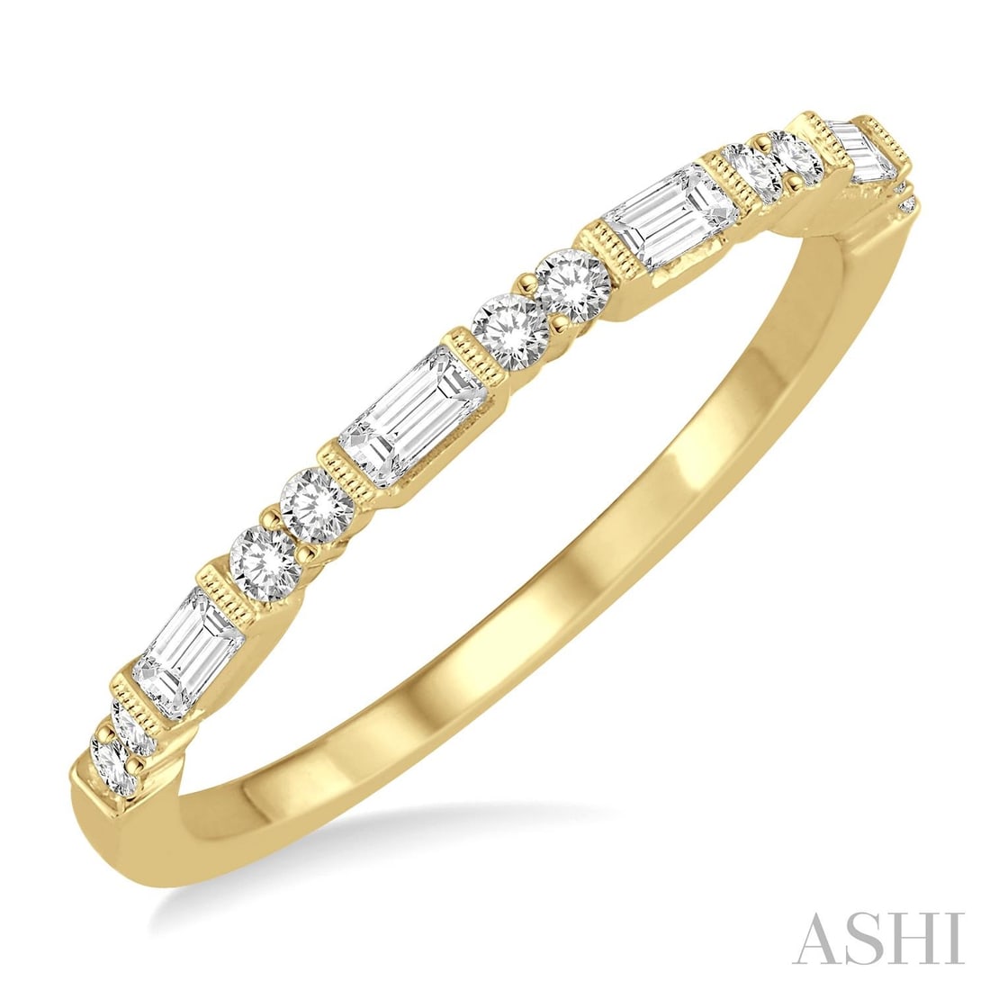 0.30 ctw Baguette and Round Diamond 14K Yellow Gold Band Ring: Defining modern elegance, this elegant Baguette band ring featuring White Diamond captures the essence of style. Expertly mounted in a Continuous Band setting, the band ring is crafted in 1.4 grams of