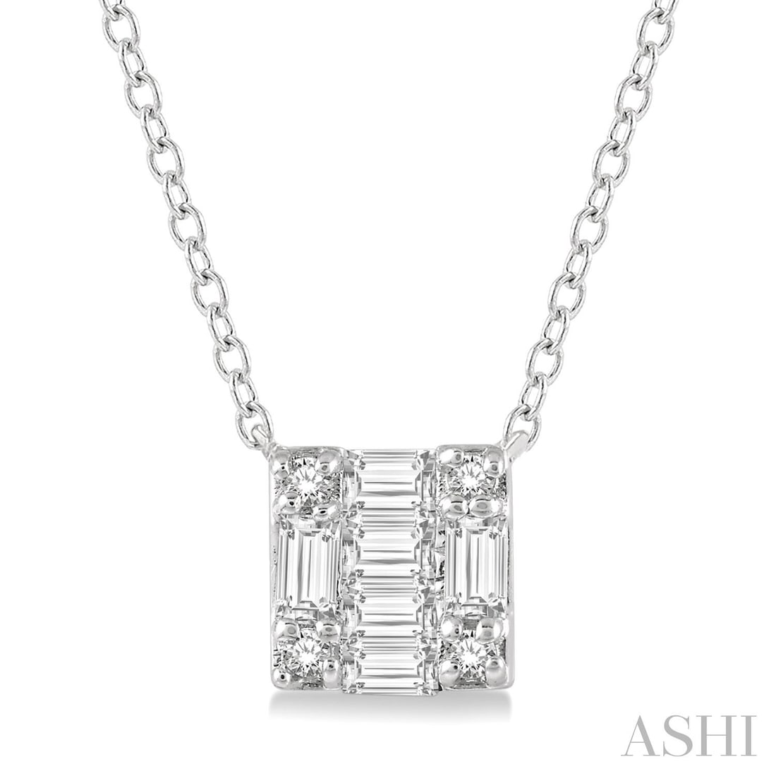 0.12 ctw Diamond Square Petite Fashion 14K White Gold Pendant: An exquisite masterpiece of haute joaillerie, this stunning Square Shape pendant featuring White Diamond is a true treasure. Showcasing the gems in a Geometric Cluster arrangement, the pendant consist