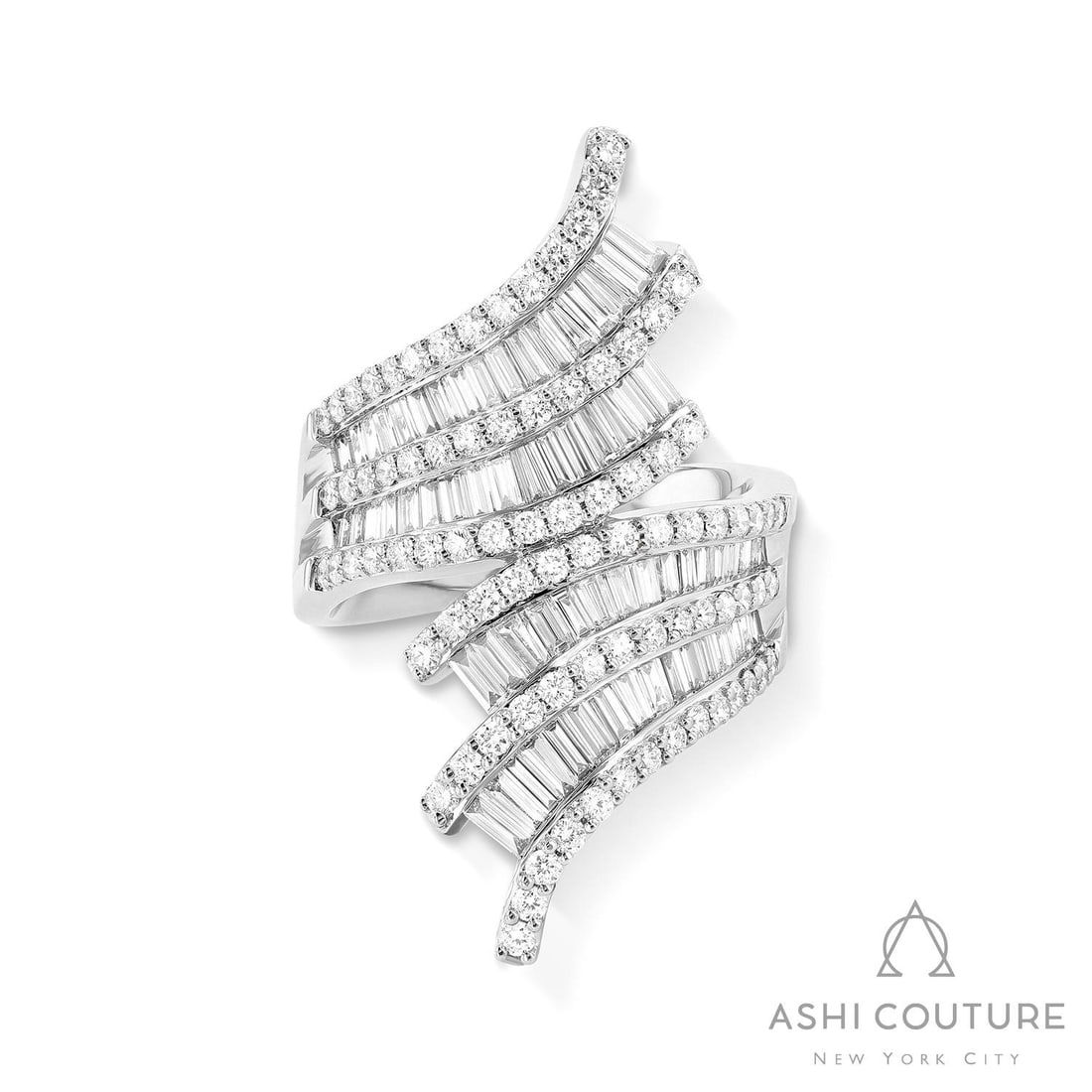 2.76 ctw Baguette & Round Diamond Bypass Wide 18K White Gold Ring: Timeless and sophisticated, this magnificent Bypass Wide ring featuring White Diamonds radiates enduring beauty. The gemstones are nestled within a Bypass framework, supported by a substantial 14.35 g