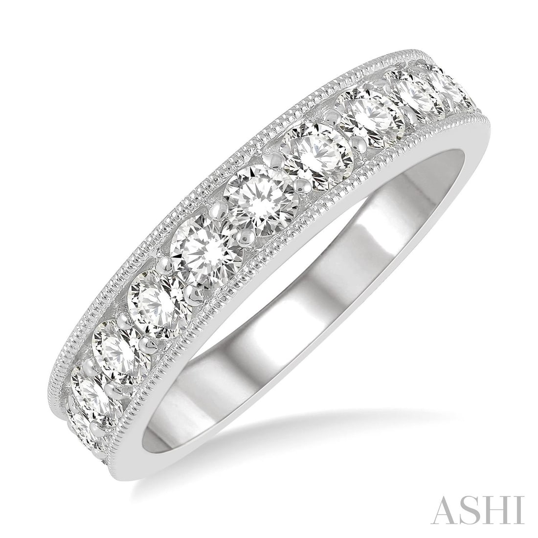 1.01 ctw Round Diamond Pave 14k White Gold Wedding Band: Exuding opulence and grace, this elegant Milgrain ring featuring Natural Diamonds is crafted for the distinguished. Showcasing the gems in a Half-Eternity Band arrangement, the ring consists of 4.45 g