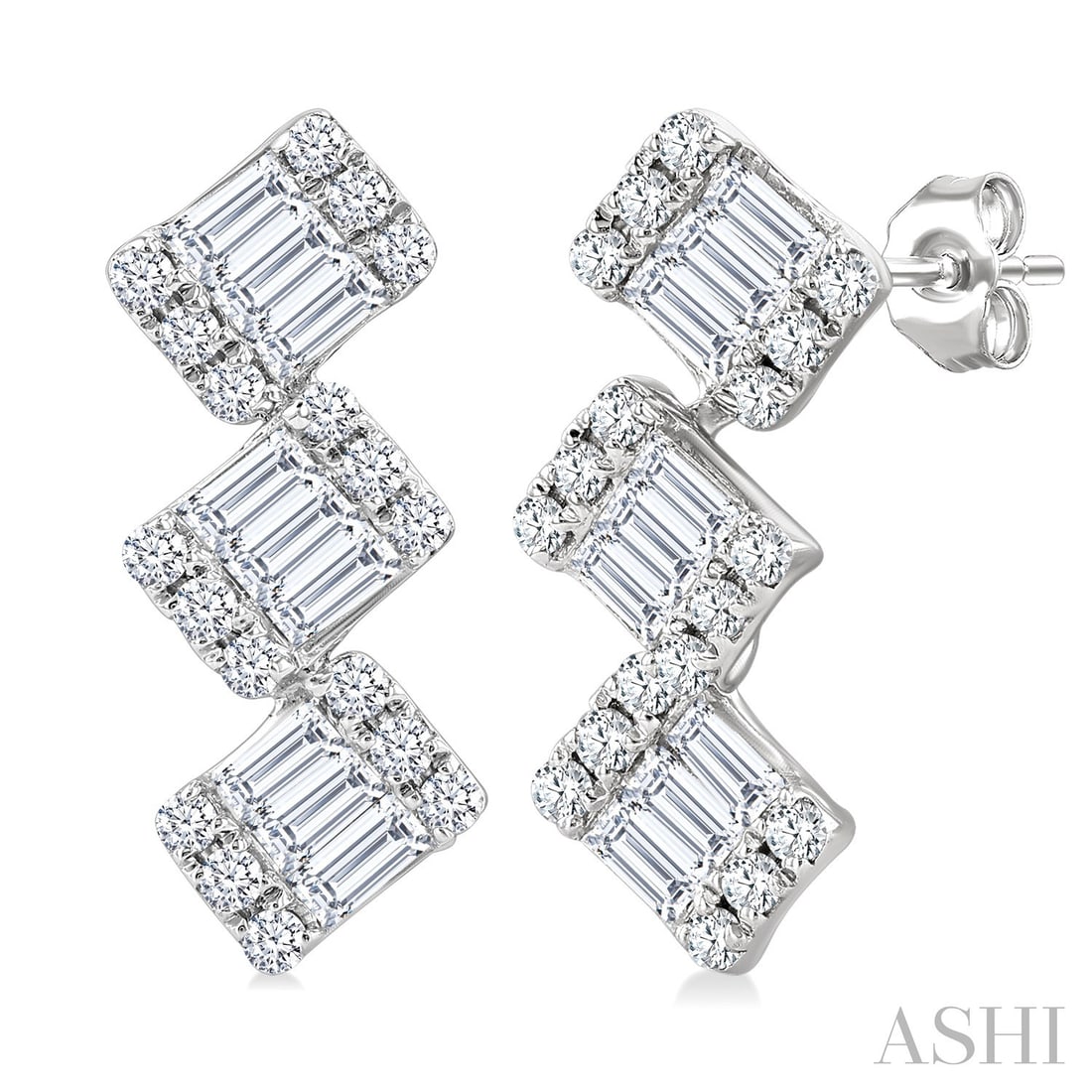 0.36 ctw Baguette & Round Diamond Zig-Zag 10K White Gold Earrings: An exquisite masterpiece of haute joaillerie, this stunning Zig-Zag Fusion pair of earrings featuring White Diamond is a true treasure. Crafted with precision, the Cluster setting is seamlessly integr