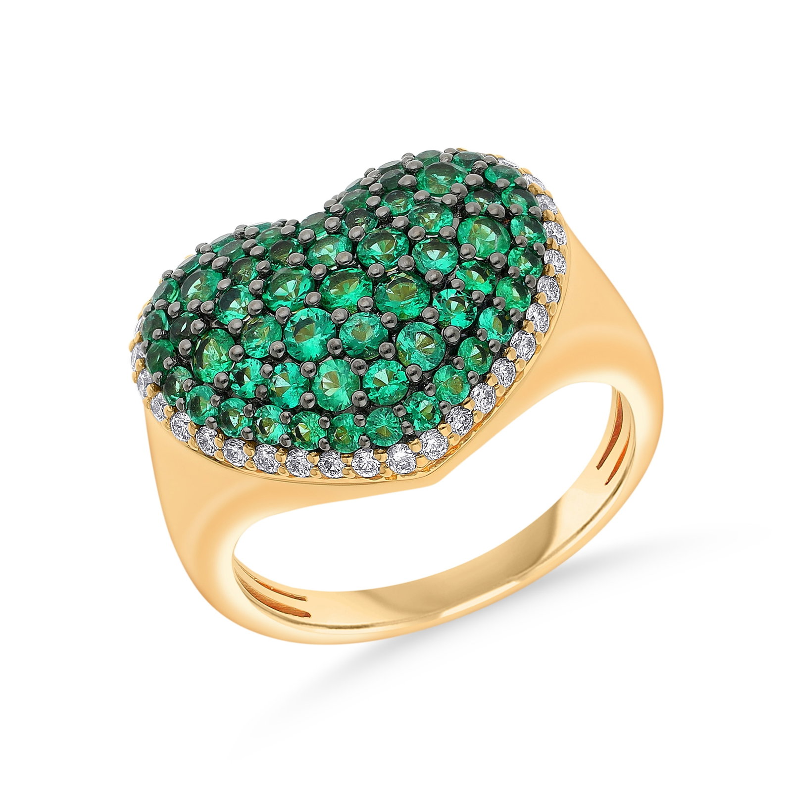 1.30ctw Emerald and Diamond 18K Yellow Gold Heart Shape Ring: Captured in a moment of brilliance, this magnificent Heart Shape ring featuring Emerald, White Diamond speaks to the connoisseur. Expertly mounted in a Cluster setting, the ring is crafted in solid 18