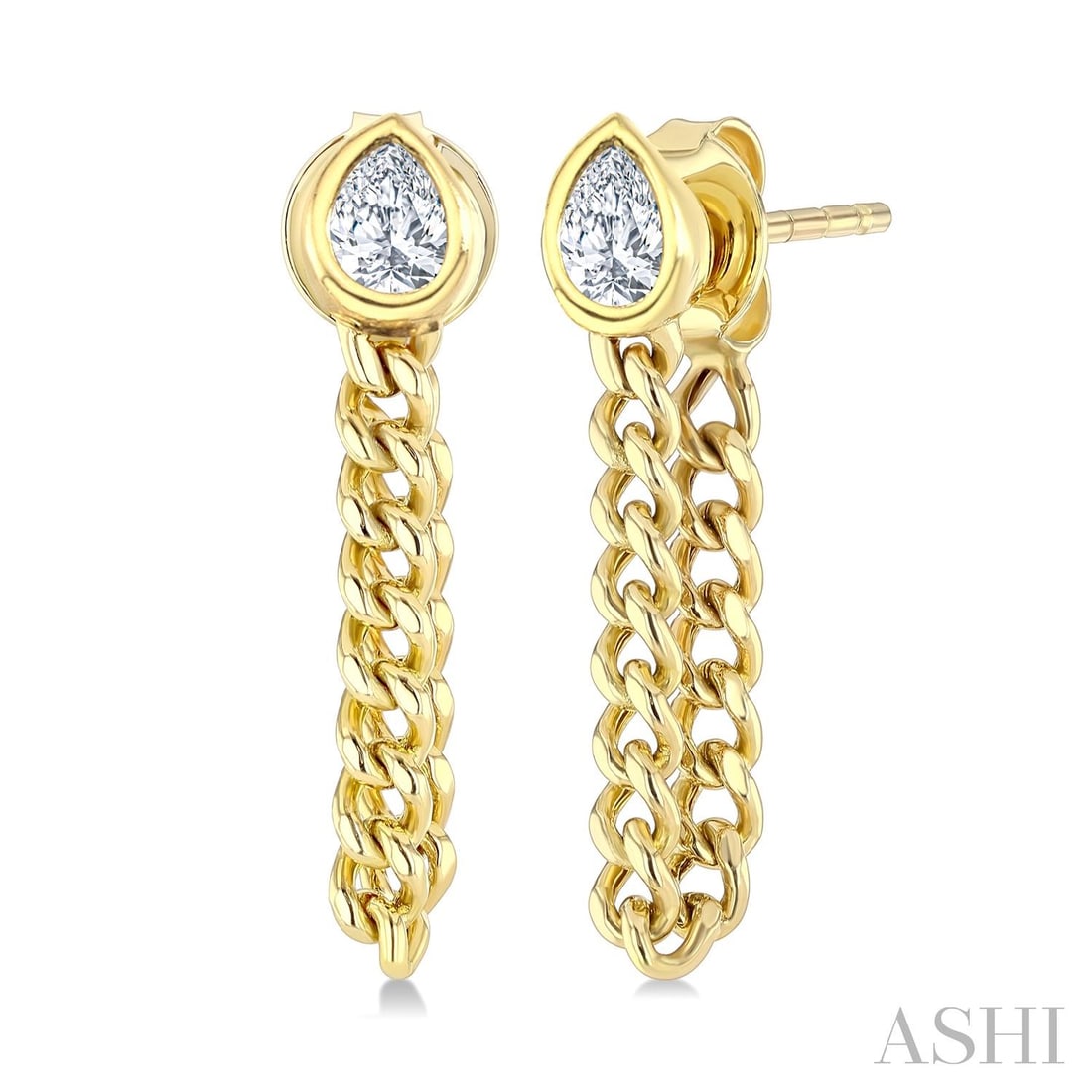 0.32 ctw Pear Diamond Bezel Set Curb Link 14K Yellow Gold Earrings: A symphony of light and color, this elegant Curb Link pair of earrings featuring White Diamond embodies the pinnacle of luxury. The gemstones are nestled within a Bezel framework, supported by a subst