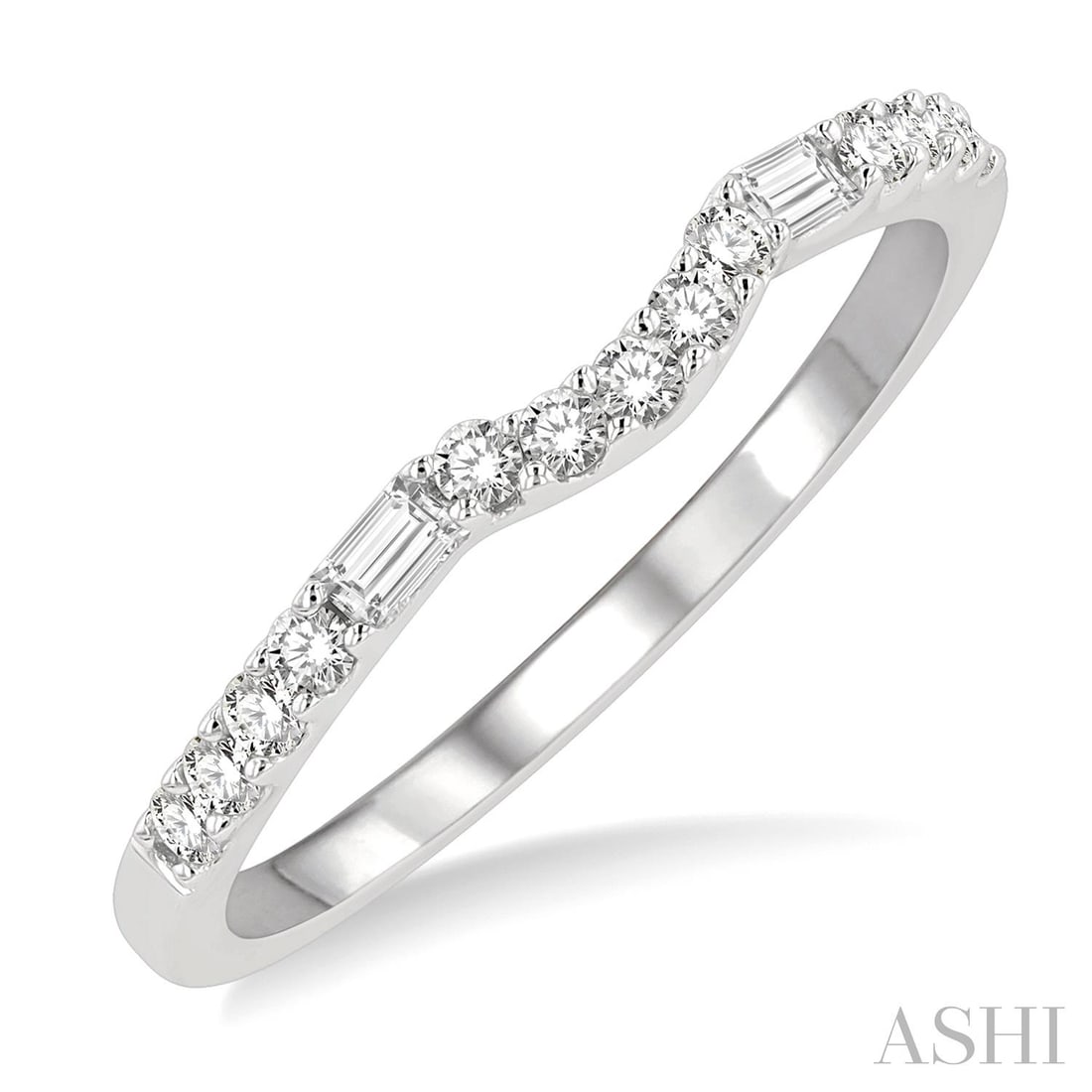 0.28 ctw Baguette & Round Diamond Curved Wedding Band 14K White Gold: An exquisite masterpiece of haute joaillerie, this breathtaking Curved Center ring featuring Diamond is a true treasure. Showcasing the gems in a Contour Band arrangement, the ring consists of 1.65 gr