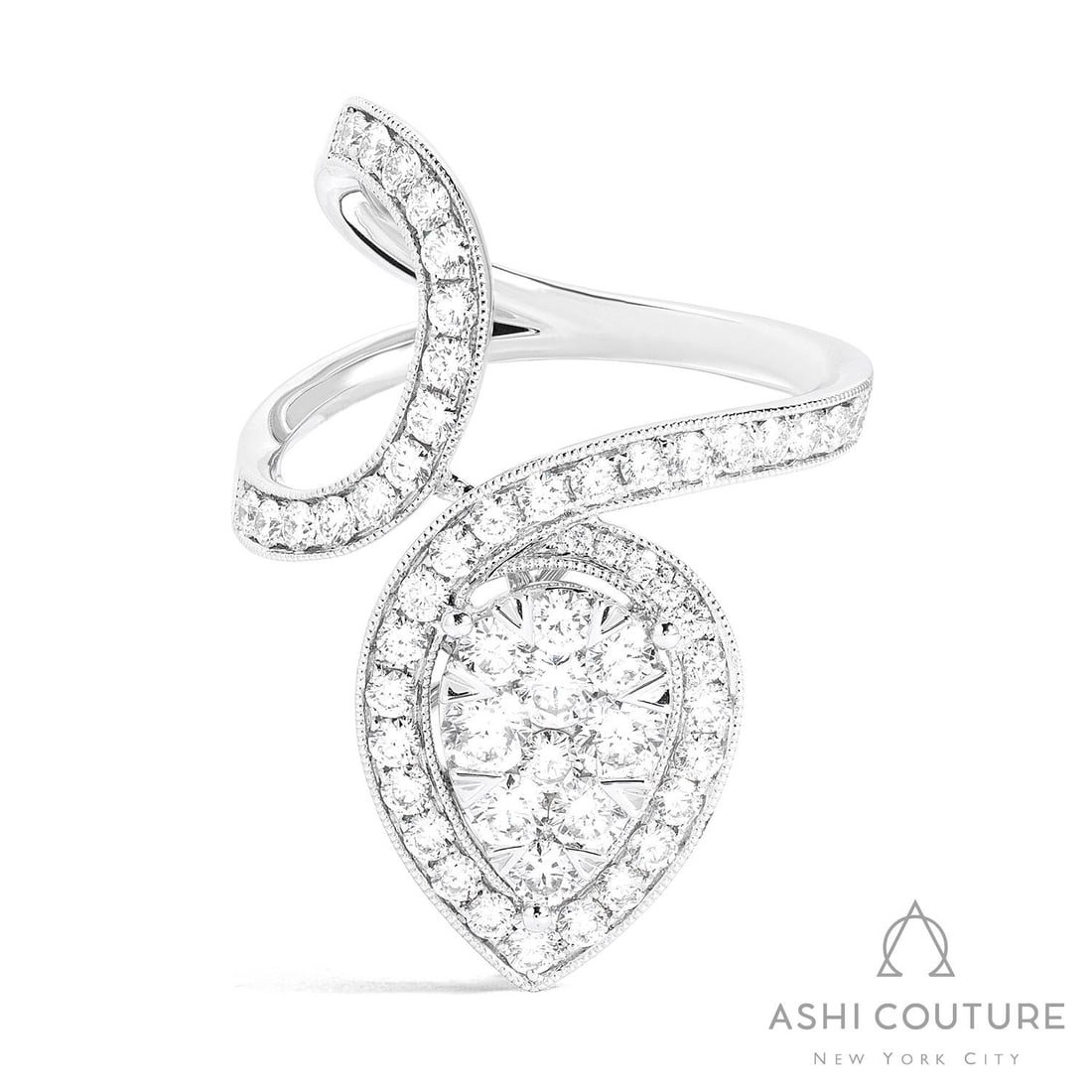 1.61 ctw White Diamond 18K White Gold Cocktail Cluster Ring: An exquisite masterpiece of haute joaillerie, this magnificent Fiori Pear Avant-Garde Cocktail Cluster ring featuring White Diamond is a true treasure. Showcasing the gems in a Bypass arrangement, the