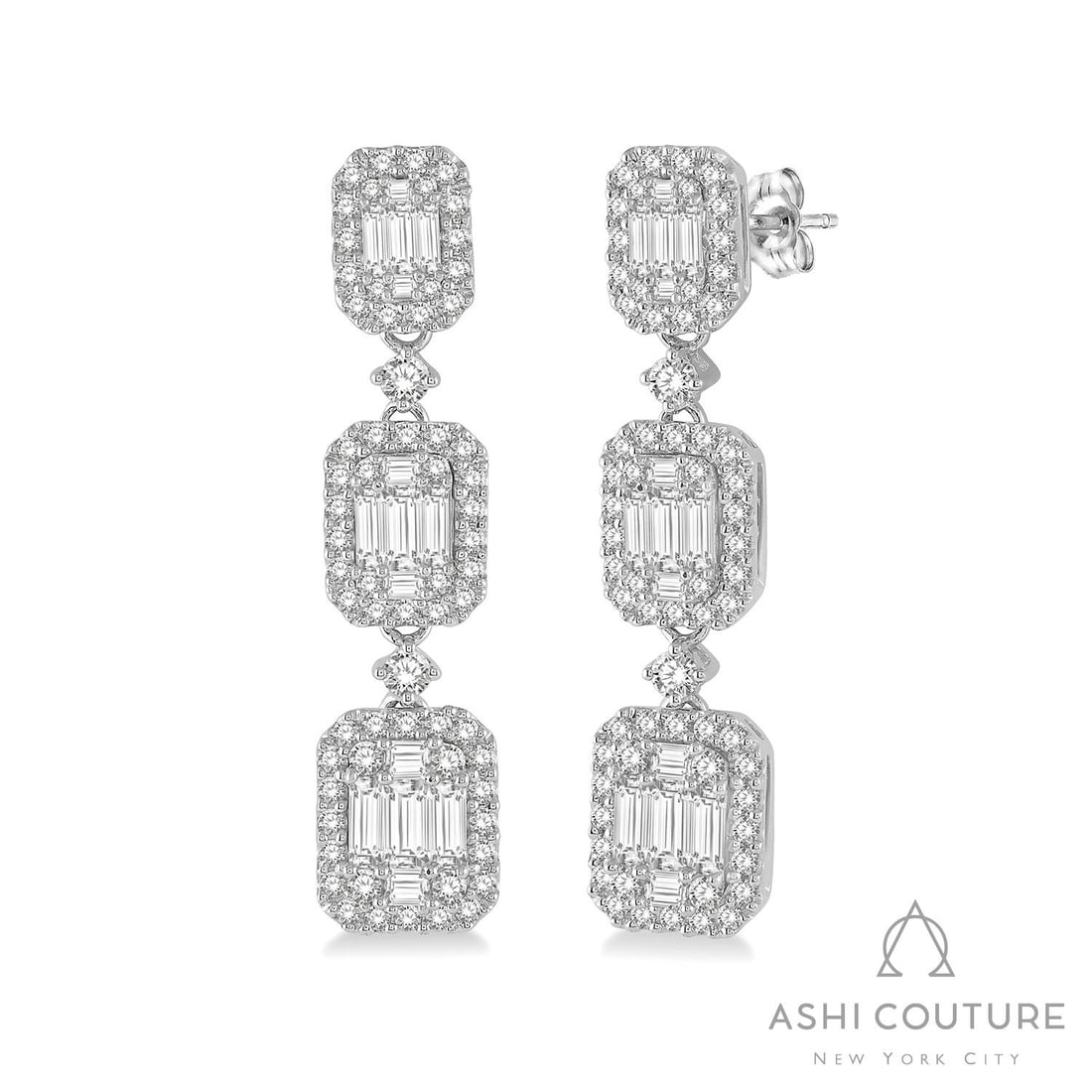 2.11 ctw Baguette and Round Diamond 18K White Gold Earrings: A testament to superior craftsmanship, this exquisite Graduating Station pair of earrings featuring White Diamonds is unparalleled. Showcasing the gems in a Halo arrangement, the earrings consist of 7