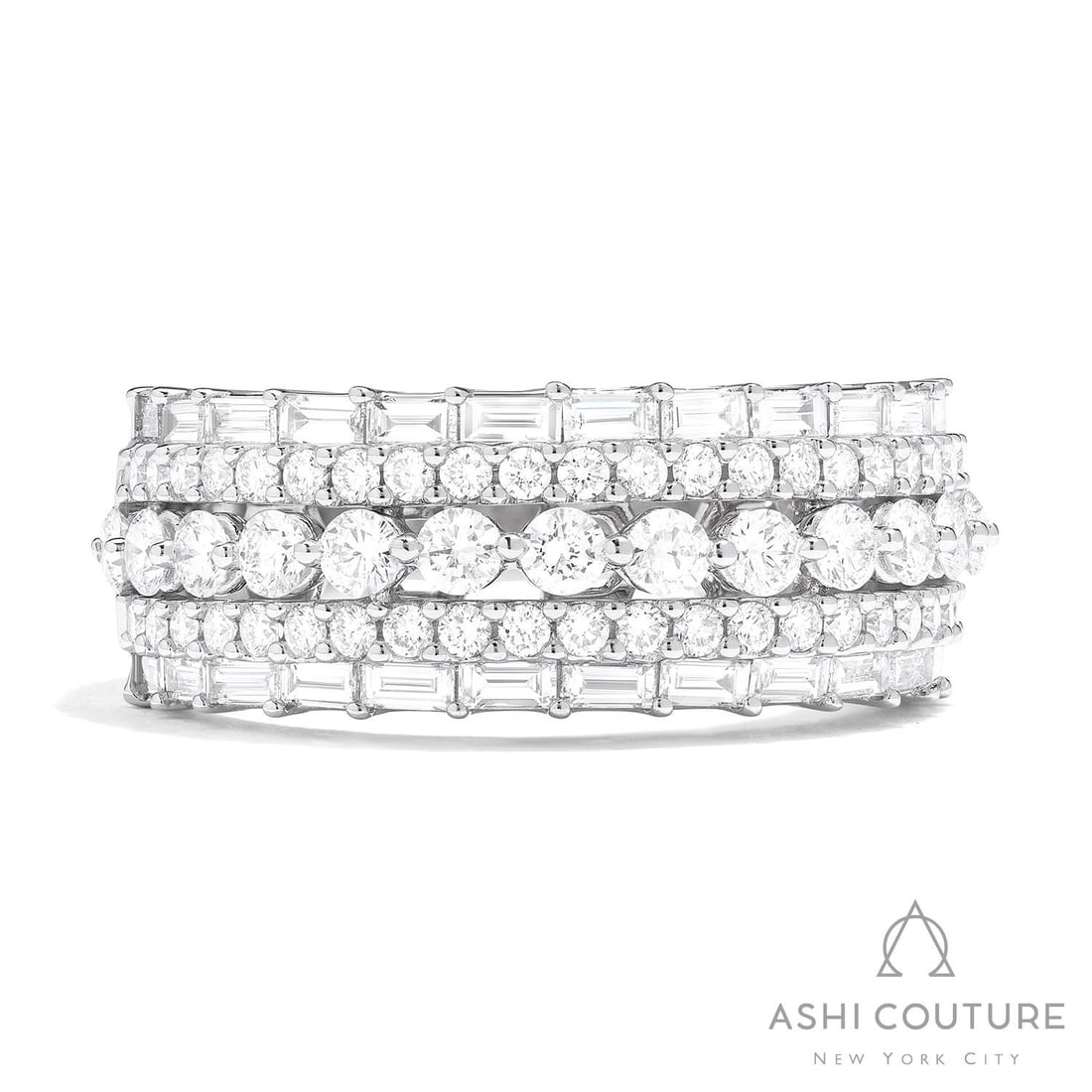 1.67 ctw Round & Baguette Diamond Wide Band 18k White Gold Ring: Retail Value: $12,120 A testament to superior craftsmanship, this magnificent Wide Band Ring featuring White Diamonds is unparalleled. Securely held in a classic Multi-Row Band design, the ring is for