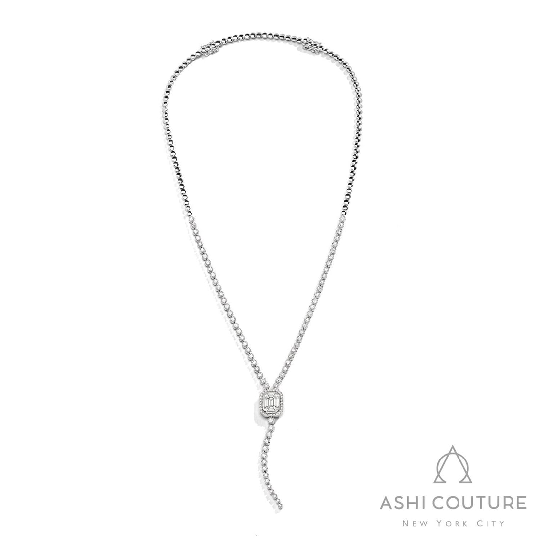 4.73 ctw White Diamond and 1.00 ctw Emerald 18K White Gold Lariat Necklace: Captured in a moment of brilliance, this stunning Mosaic necklace featuring White Diamond, Emerald speaks to the connoisseur. The gemstones are nestled within a Lariat with Diamond Cluster Slide frame