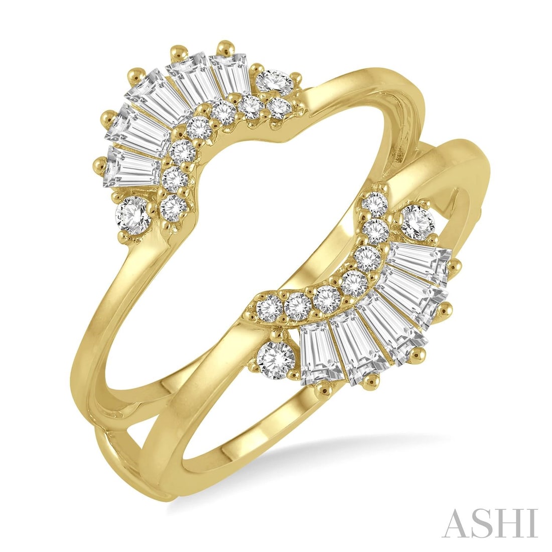 0.55 ctw Baguette and Round Diamond 14K Yellow Gold Insert Ring: A testament to superior craftsmanship, this stunning Tiara Insert ring featuring White Diamond is unparalleled. Showcasing the gems in a Cluster arrangement, the ring consists of 3.35 grams of 14K Yel