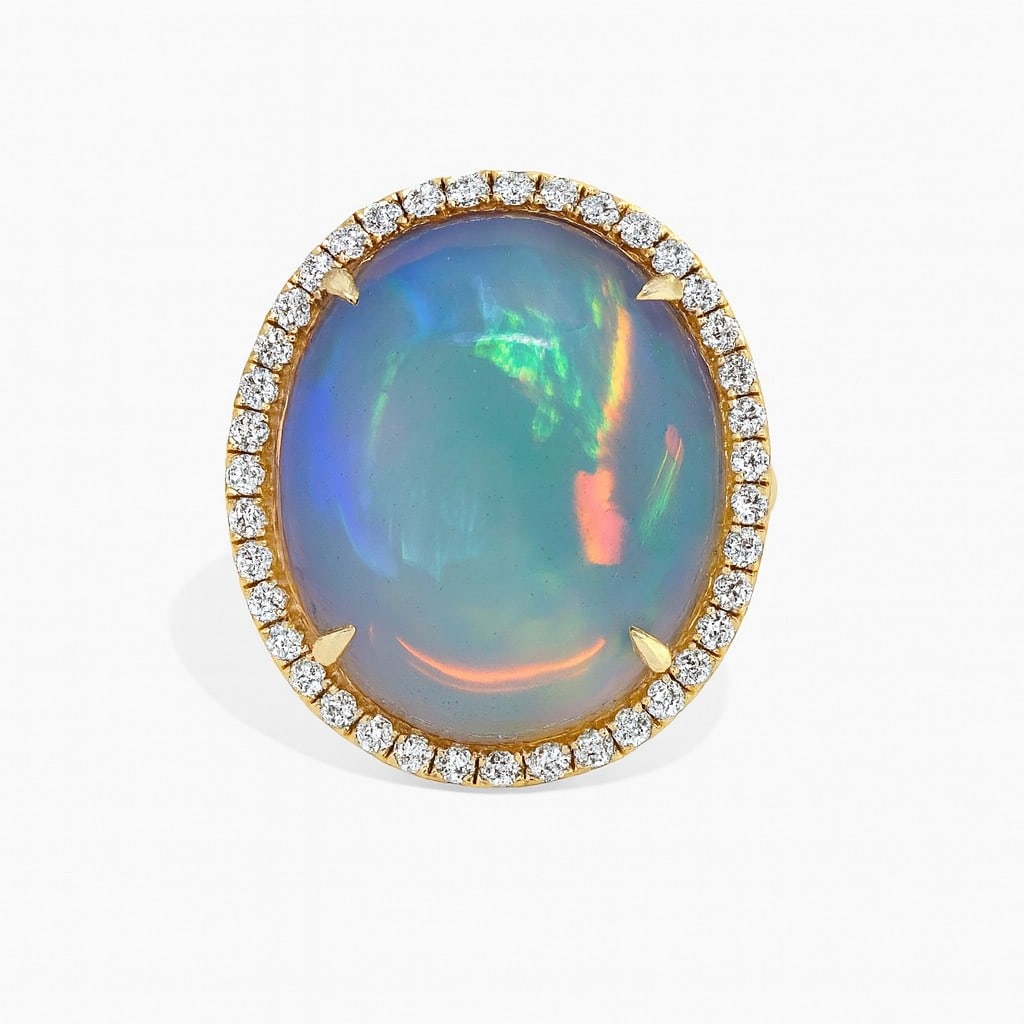8.41ct Oval Opal and 0.49ctw Diamond 14K Yellow Gold Ring: Epitomizing grandeur, this magnificent Halo ring featuring Opal, White Diamond stands as a beacon of refined taste. A detailed Halo gallery secures the stones, rendered in 4.99 grams of lustrous 14K Y