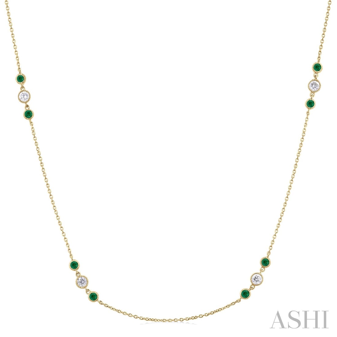 0.48 ctw Diamond and 2.25mm Emerald Station 14K Yellow Gold Necklace: Timeless and sophisticated, this elegant Station necklace featuring White Diamond, Emerald radiates enduring beauty. The gemstones are nestled within a Station framework, supported by a substantial 2.
