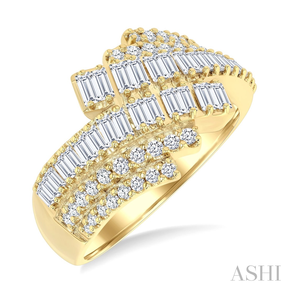 0.98 ctw Baguette & Round Diamond Bypass 14k Yellow Gold Ring: Timeless and sophisticated, this magnificent Bypass Fusion ring featuring White Diamond radiates enduring beauty. The gemstones are nestled within a Bypass framework, supported by a substantial 6.5 gr