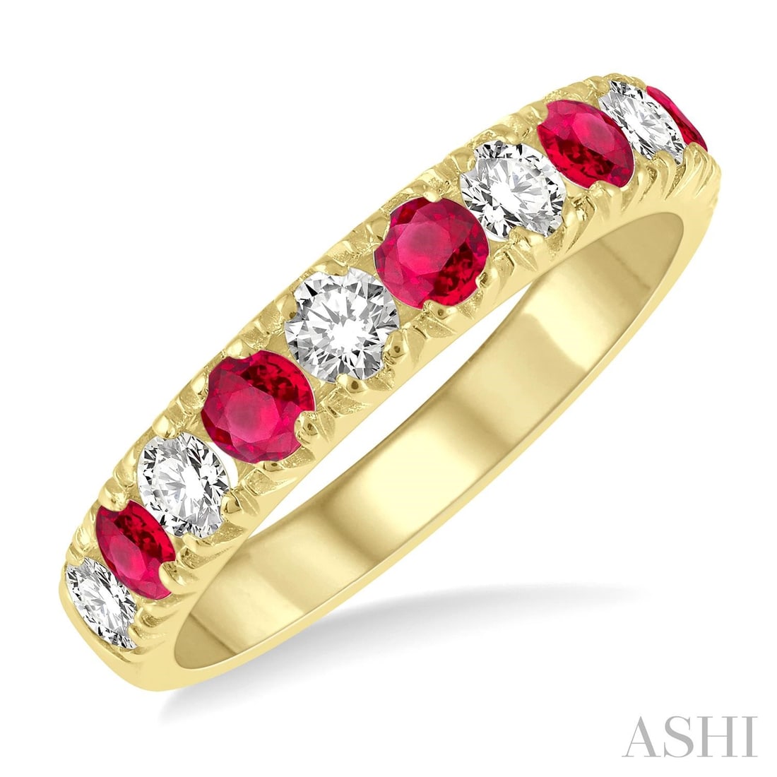 2.9mm Ruby and 0.55 ctw Diamond 14K Yellow Gold Band Ring: Captured in a moment of brilliance, this exquisite Pave Half-Eternity band ring featuring Ruby, White Diamond speaks to the connoisseur. Securely held in a classic Pave Half-Eternity design, the band 