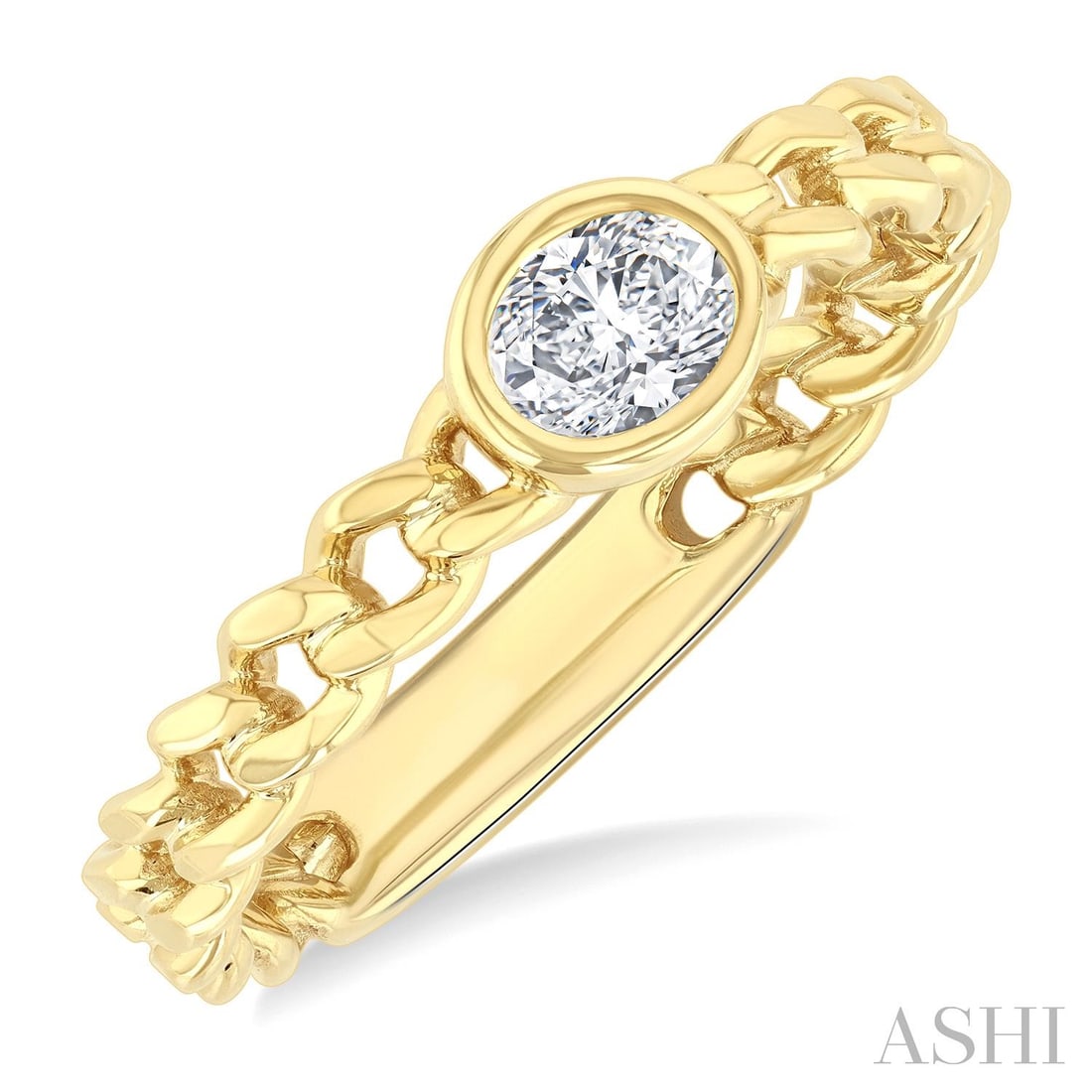 0.20 ctw Oval Diamond Bezel Set Curb Link 14K Yellow Gold Ring: Defining modern elegance, this stunning Curb Link ring featuring White Diamond captures the essence of style. Expertly mounted in a Bezel setting, the ring is crafted in 2.45 grams of solid 14K Yellow