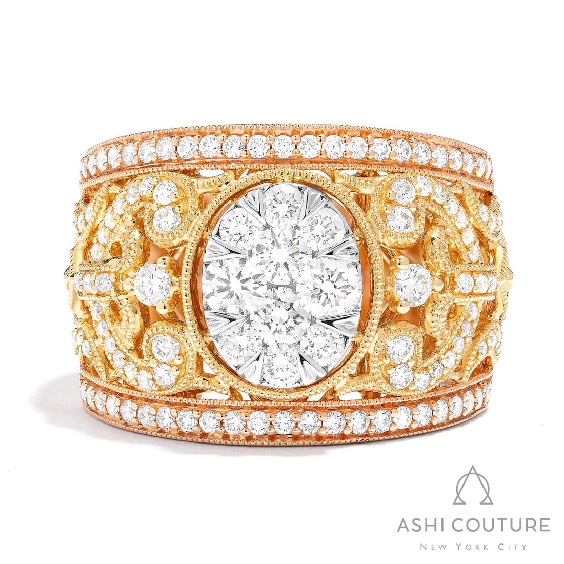 1.36 ctw Diamond Fiori Oval Cluster 18K Tri-Color Gold Ring: Captured in a moment of brilliance, this breathtaking Oval Cluster ring featuring Natural Diamonds speaks to the connoisseur. The gemstones are nestled within a Cluster framework, supported by a subst