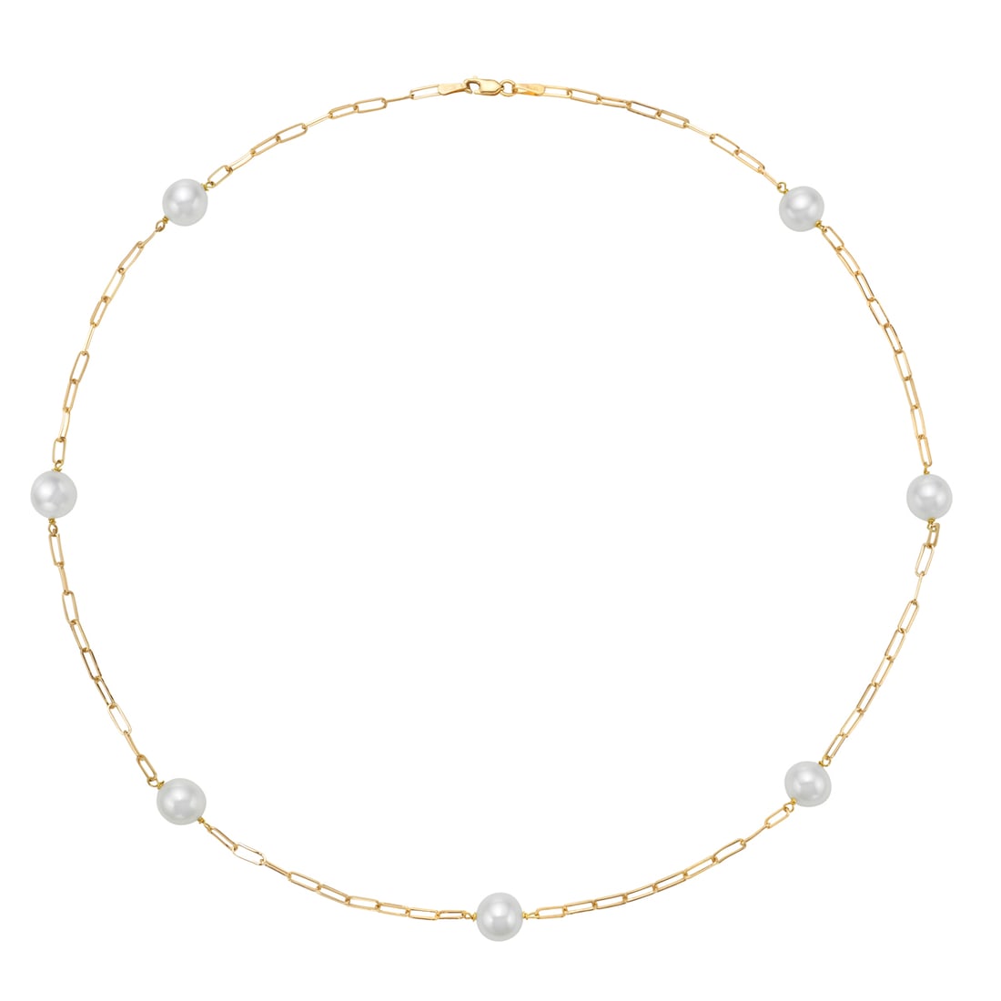 Modern Freshwater Pearl Necklace in 14K Yellow Gold: This refined necklace embodies sophistication and modernity. Crafted with precision, it features lustrous Freshwater Pearls in a pristine white hue, elegantly spaced along a delicate 14K Yellow Gold c