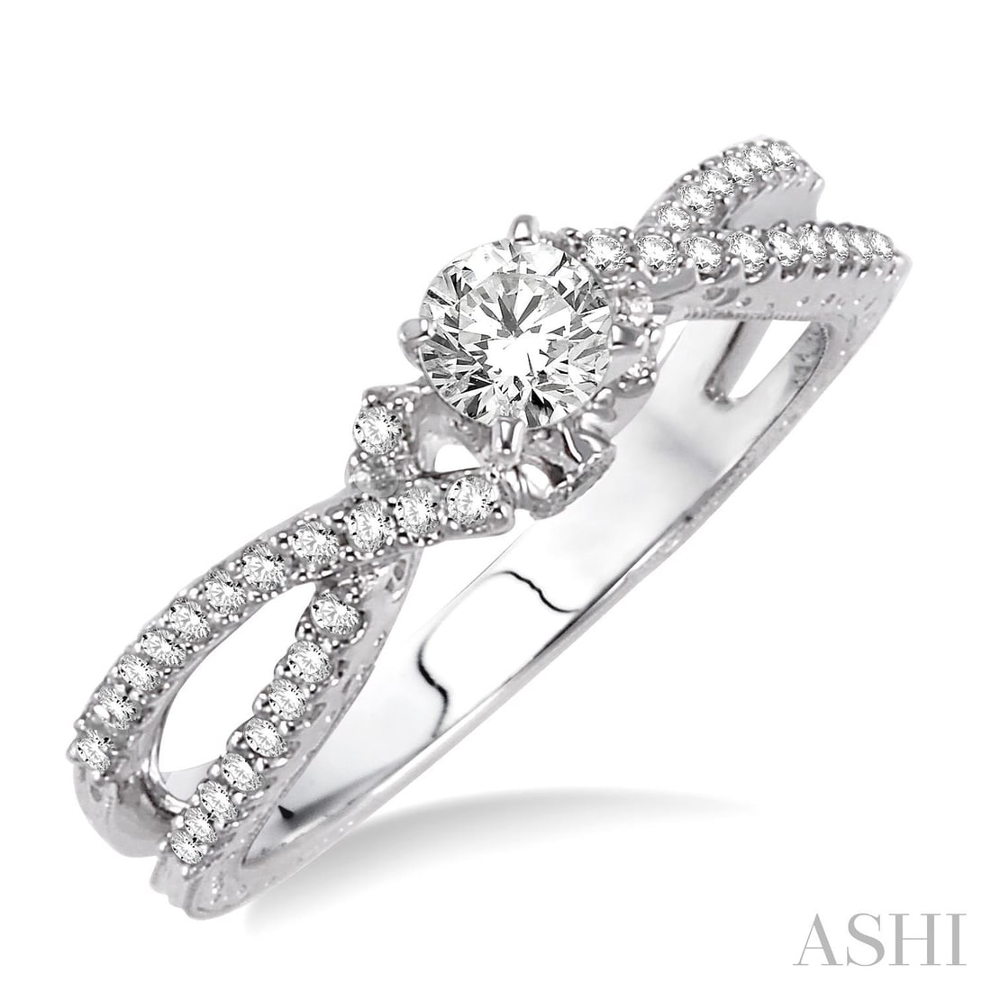 0.51 ctw Diamond 14K White Gold Engagement Ring: Exuding opulence and grace, this opulent Split-Shank Crossover ring featuring White Diamond is crafted for the distinguished. Showcasing the gems in a Split-Shank Crossover arrangement, the ring consi