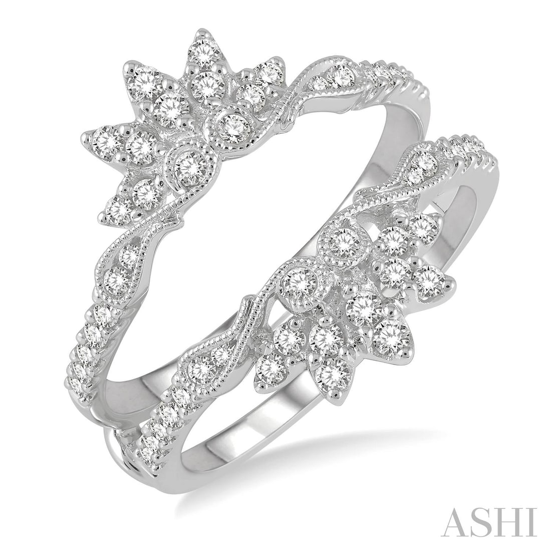 0.49 ctw Diamond Carved Lotus 14K White Gold Insert Ring: Epitomizing grandeur, this exquisite Carved Lotus ring featuring Natural Diamonds stands as a beacon of refined taste. A detailed Insert/Guard gallery secures the stones, rendered in 4.1 grams of lust