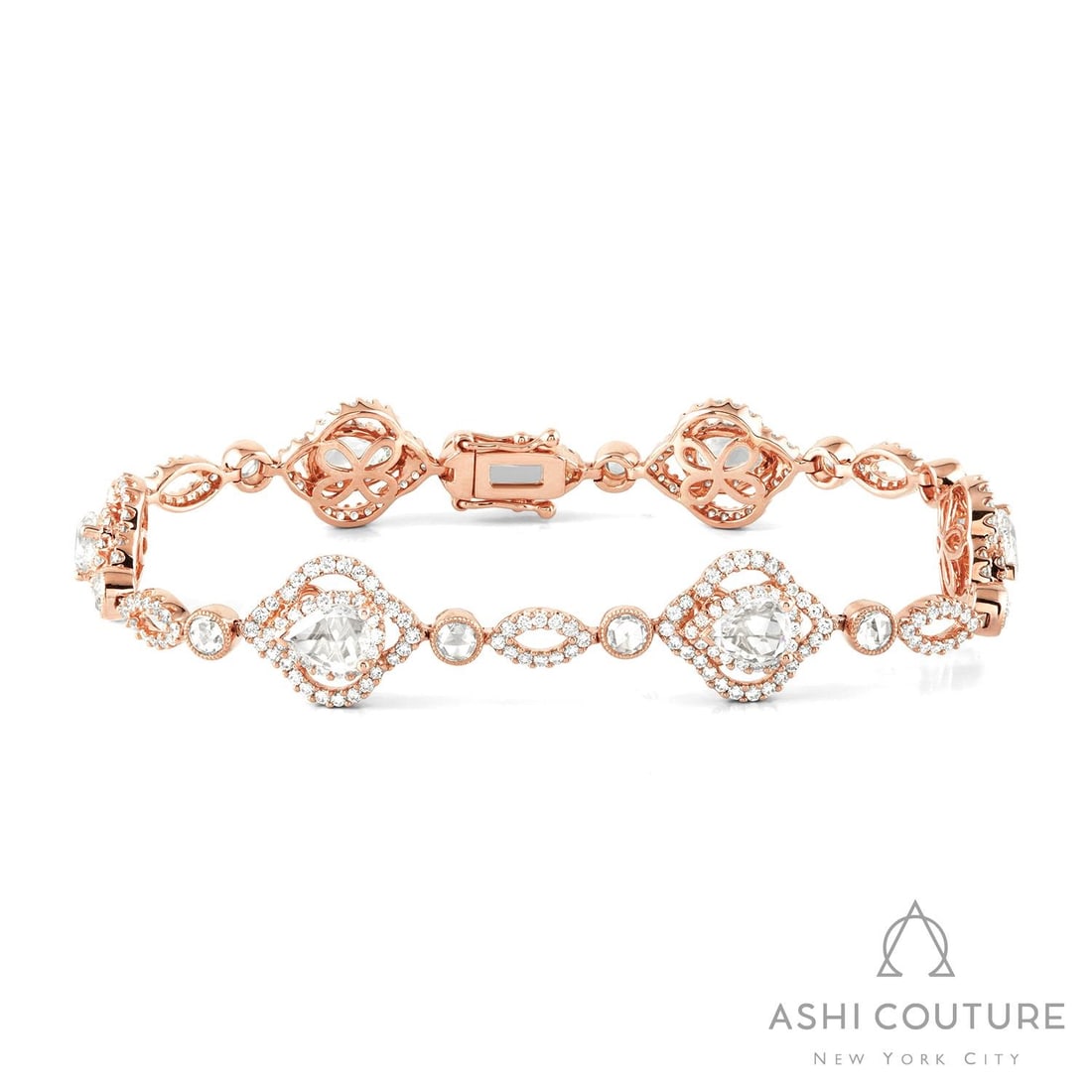 5.83 ctw Diamond Floral 18K Rose Gold Bracelet: Captured in a moment of brilliance, this breathtaking Floral bracelet featuring White Diamond speaks to the connoisseur. Securely held in a classic Halo design, the bracelet is forged from 12.85 grams