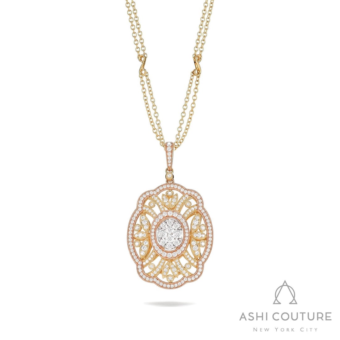 2.14 ctw White Diamond 18K Tri-Color Gold Cluster Pendant: Captured in a moment of brilliance, this breathtaking Oval pendant featuring White Diamond speaks to the connoisseur. Expertly mounted in a Cluster setting, the pendant is crafted in 17.0 g of solid 1