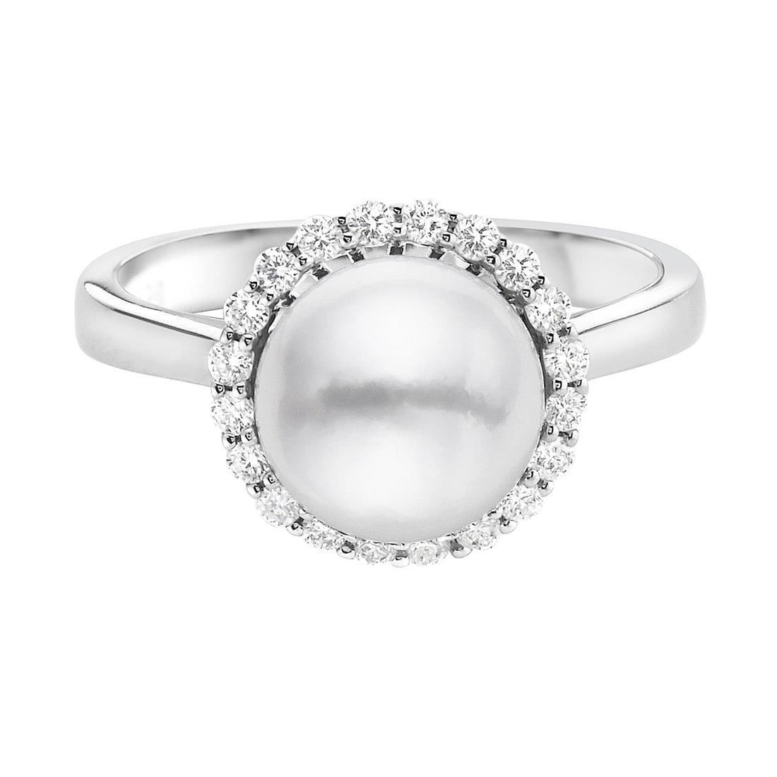 14k White Gold Halo Ring with Pearl and Diamonds: This exquisite Halo ring, featuring a lustrous Pearl and radiant Diamonds, is crafted for the discerning. The Pearl takes center stage, encircled by Diamonds in a Halo arrangement. Constructed from 14